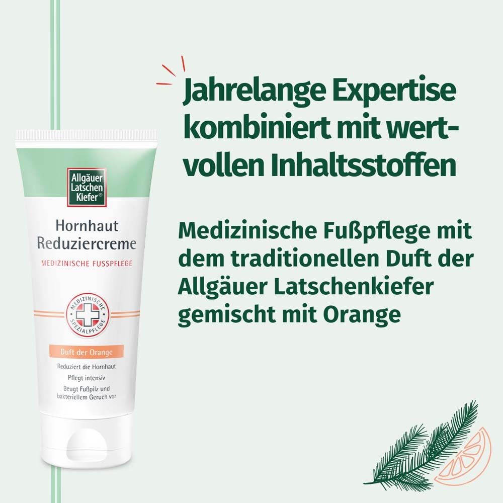 Tube mit Text und Illustrationen. Text: Medizinische Fußpflege mit dem Duft der Allgäuer Latschenkiefer gemischt mit Orange.
