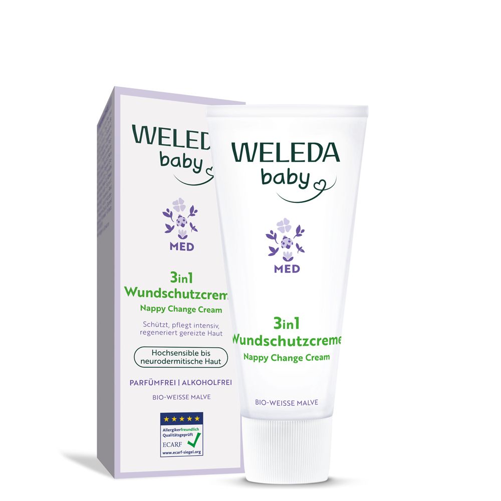 Weleda Baby Med 3in1 Wundschutzcreme Tube und Faltschachtel mit Malvenblüten-Symbol.