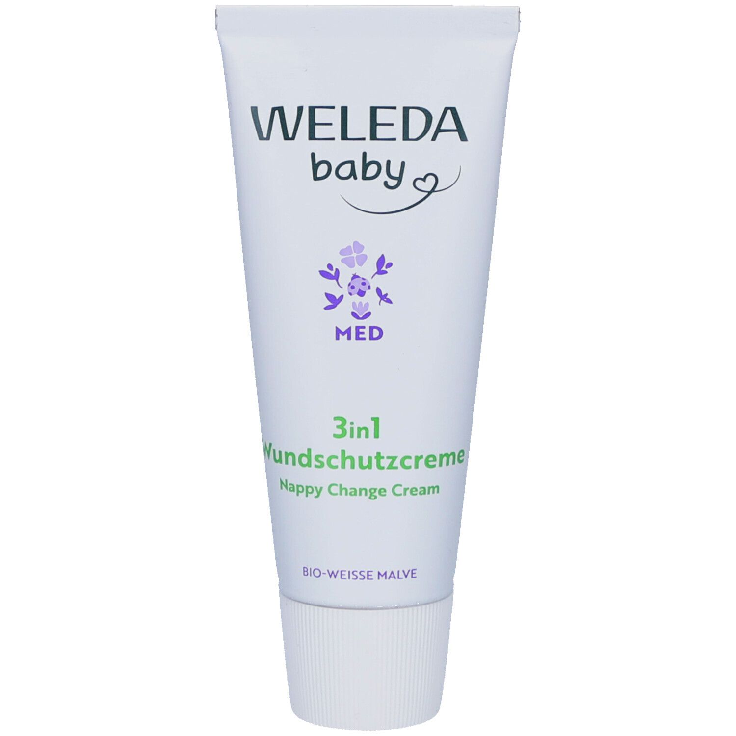 Weiße Tube mit grüner und violetter Schrift. Aufschrift: WELEDA baby, 3in1 Wundschutzcreme, Happy Change Cream, BIO-WEISSE MALVE.