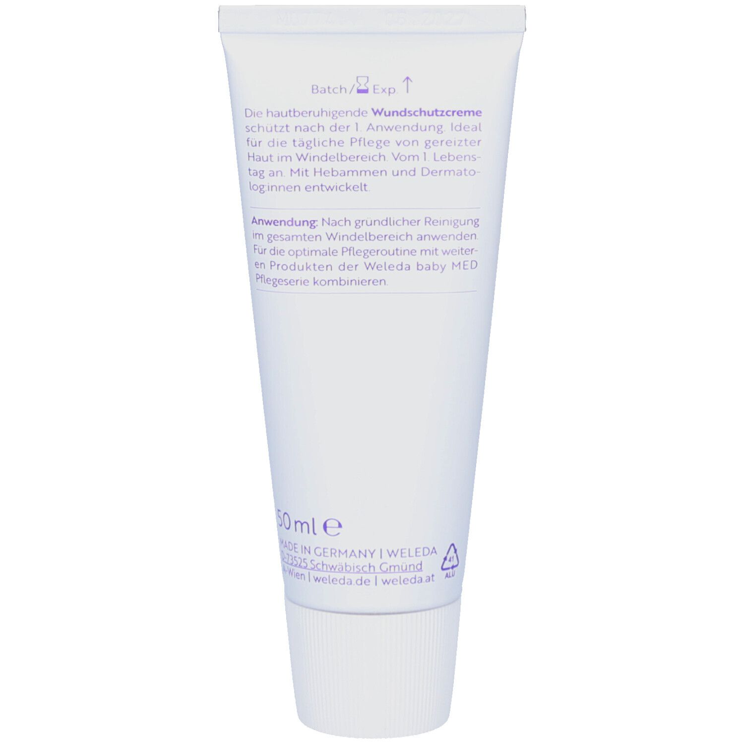 Rückseite der Tube. Text: Anwendung, Inhaltsstoffe, 50ml e, Made in Germany, WELEDA, etc.