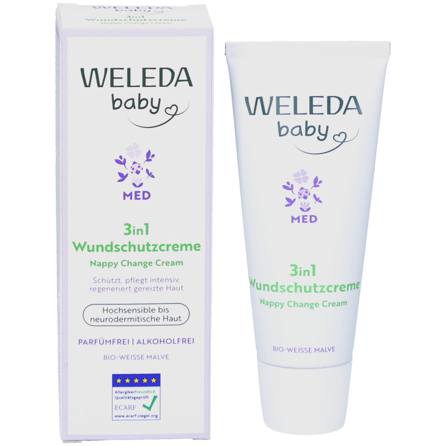 Produktverpackung: Tube und Karton. Aufschrift: WELEDA baby, 3in1 Wundschutzcreme, Happy Change Cream, BIO-WEISSE MALVE. Mit Logo und Zertifizierungen.