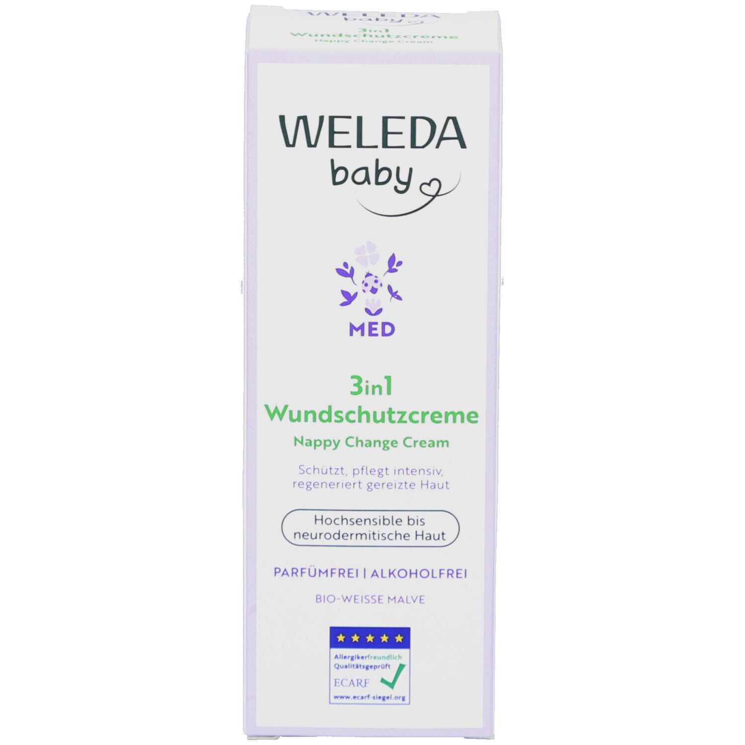 Kartonverpackung. Aufschrift: WELEDA baby, 3in1 Wundschutzcreme, Happy Change Cream, BIO-WEISSE MALVE. Mit Logo und Zertifizierungen.