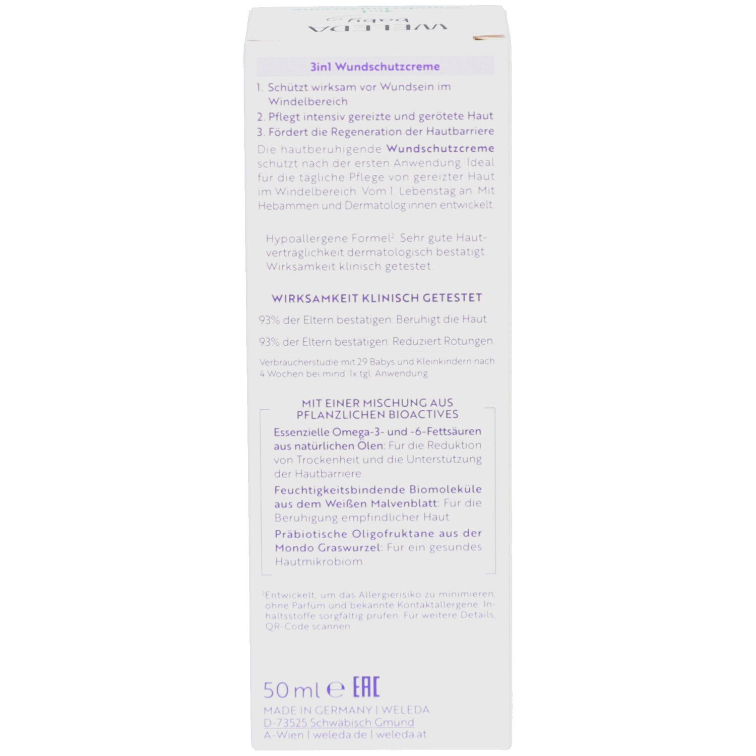 Kartonverpackung, Seite mit Produktinformationen. Text: 3in1 Wundschutzcreme, Wirkungsweise, etc. 50ml e.