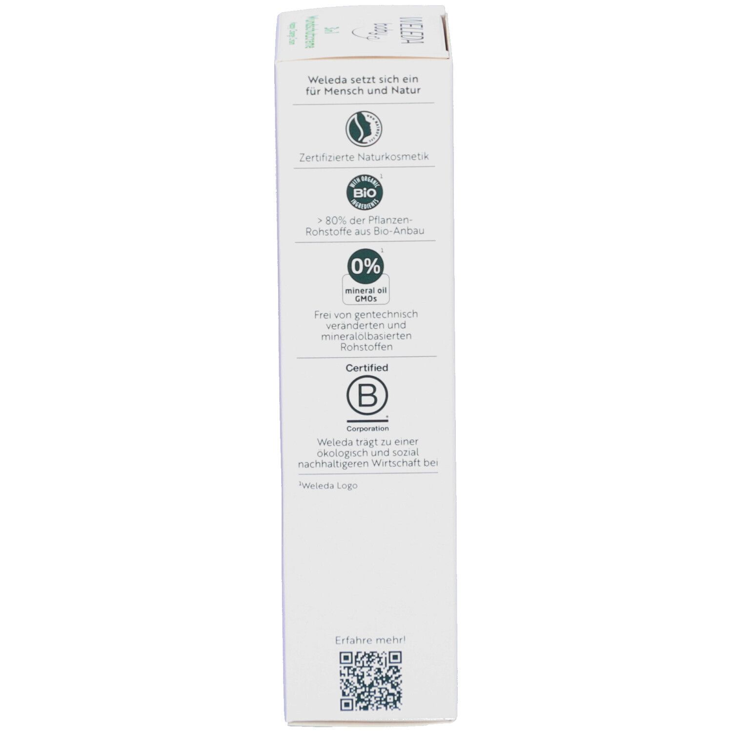Kartonverpackung, Seite mit Informationen zu Nachhaltigkeit und Zertifizierungen. Logos und QR-Code.
