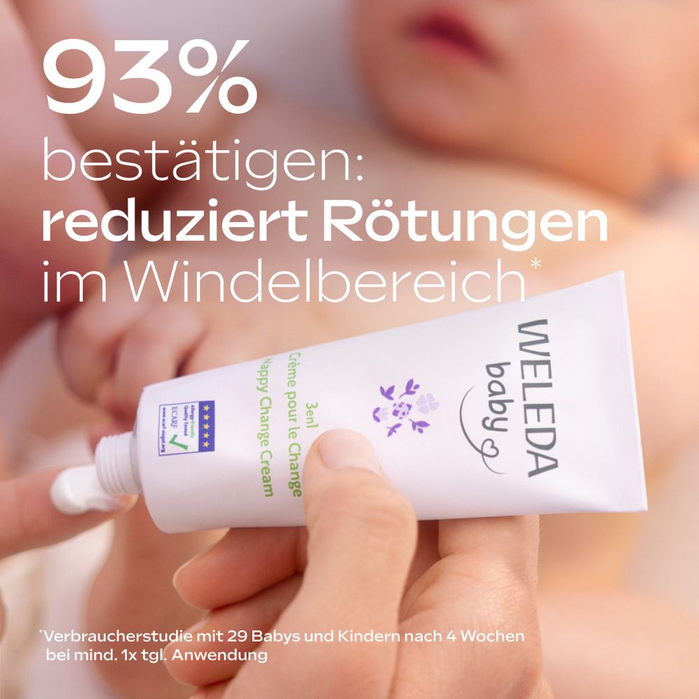 Weleda Baby Med 3in1 Wundschutzcreme Tube in Hand, Text: 93% bestätigen: reduziert Rötungen im Windelbereich.