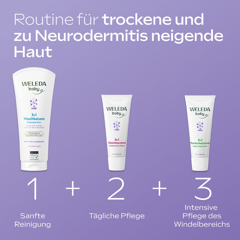 Weleda Baby Med Produkte: Waschbalsam, Gesichtscreme, Wundschutzcreme. Routine für trockene Haut.
