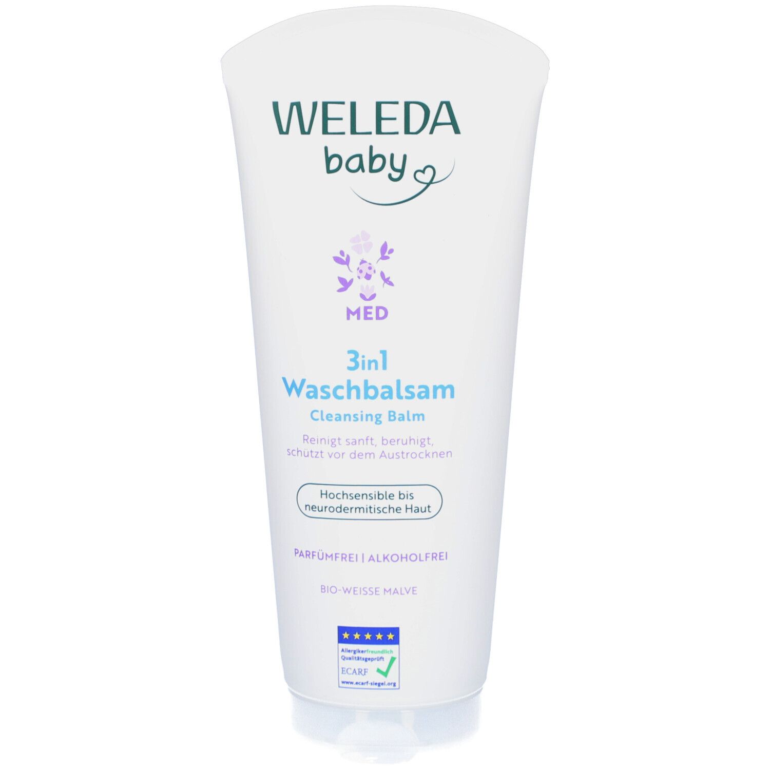Weleda Baby 3in1 Waschbalsam, weiße Malve. Tube mit Produktinformationen und Logo.