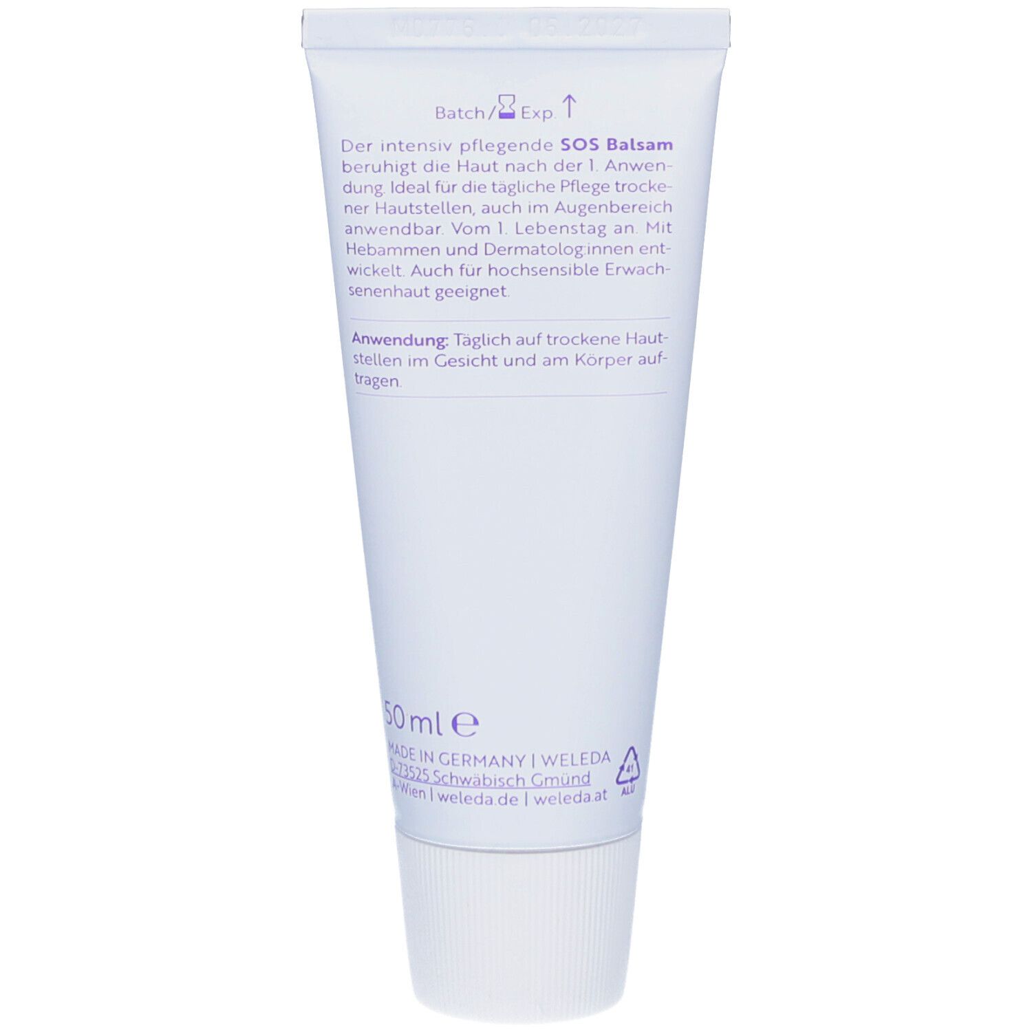 Rückseite der weißen Tube. Text: Anwendung, 50ml e, Inhaltsstoffe. Marke: WELEDA. Hergestellt in Deutschland.