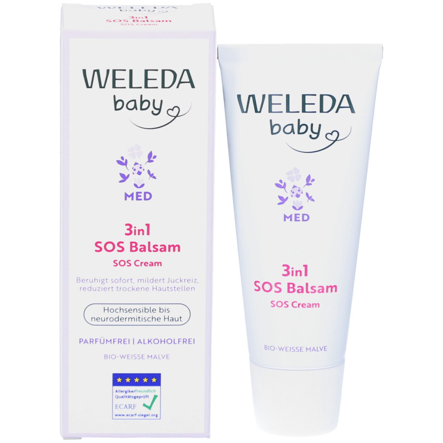 Produkt und Verpackung. Weiße Tube und Schachtel. Text: 3in1 SOS Balsam, SOS Cream, Bio-Weiße Malve. Marke: WELEDA baby.