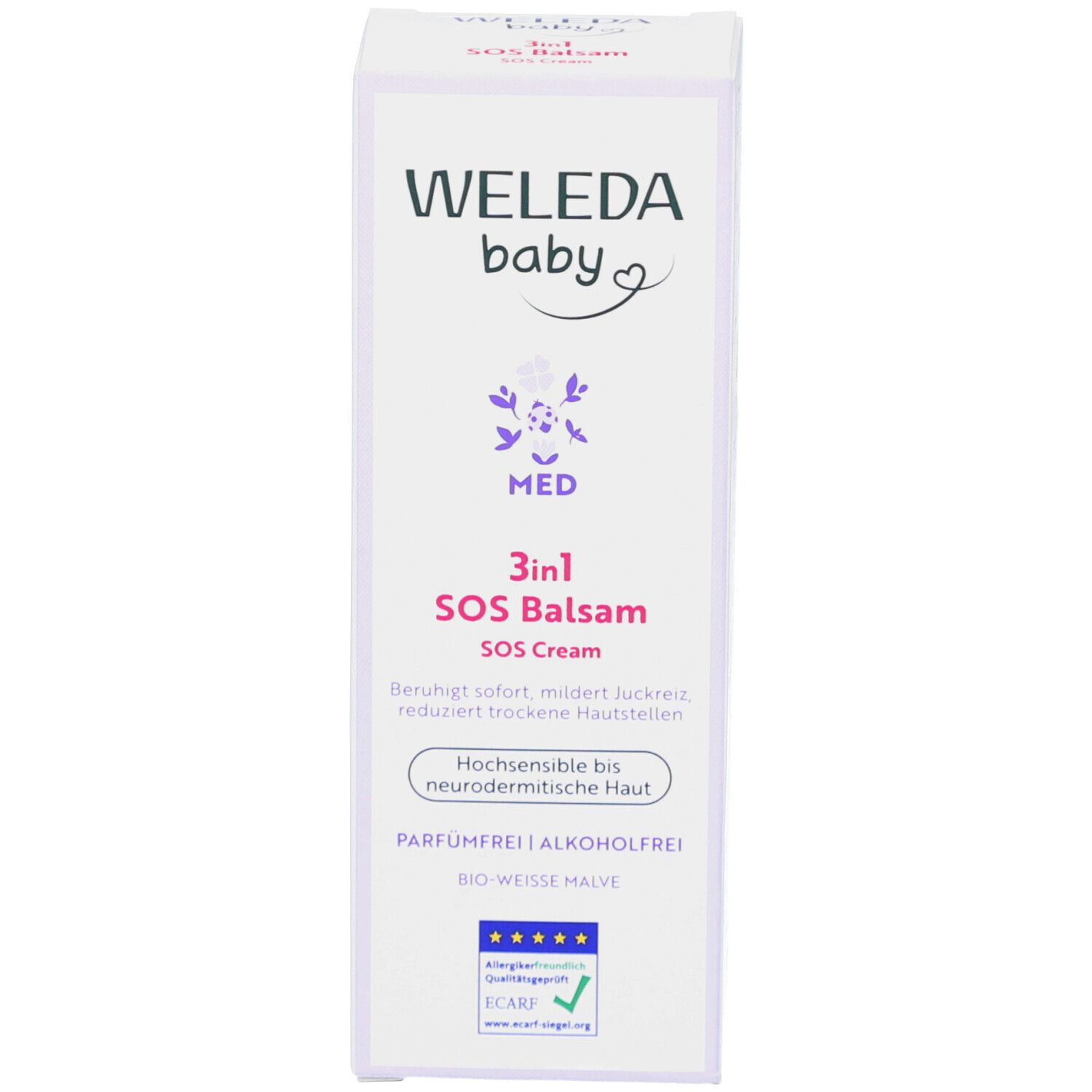 Weiße Schachtel mit Produktinformationen. Text: 3in1 SOS Balsam, SOS Cream, Bio-Weiße Malve. Marke: WELEDA baby.