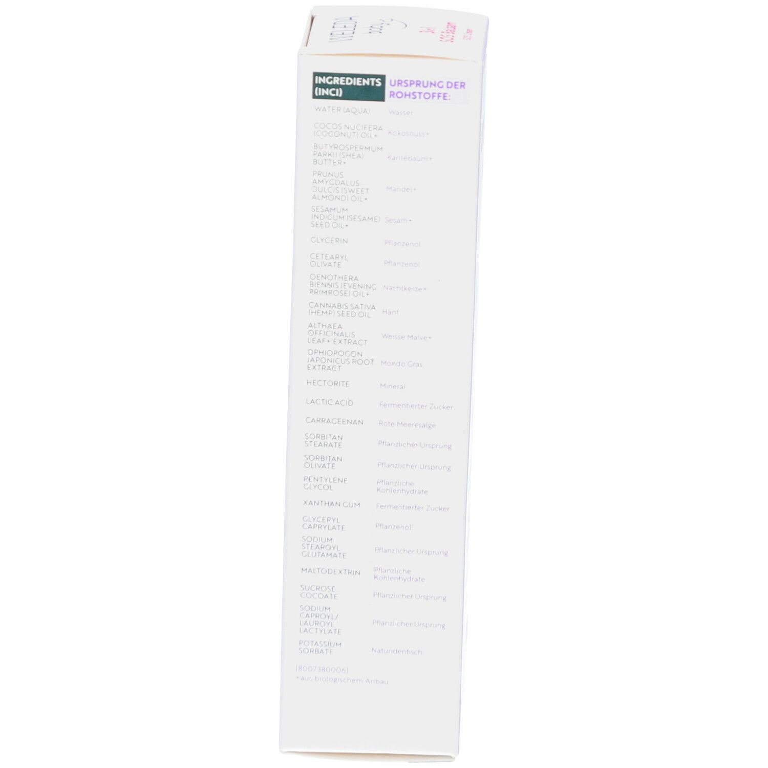 Rückseite der Schachtel. Auflistung der Inhaltsstoffe. Text: Ingredients, Ursprung der Rohstoffe.