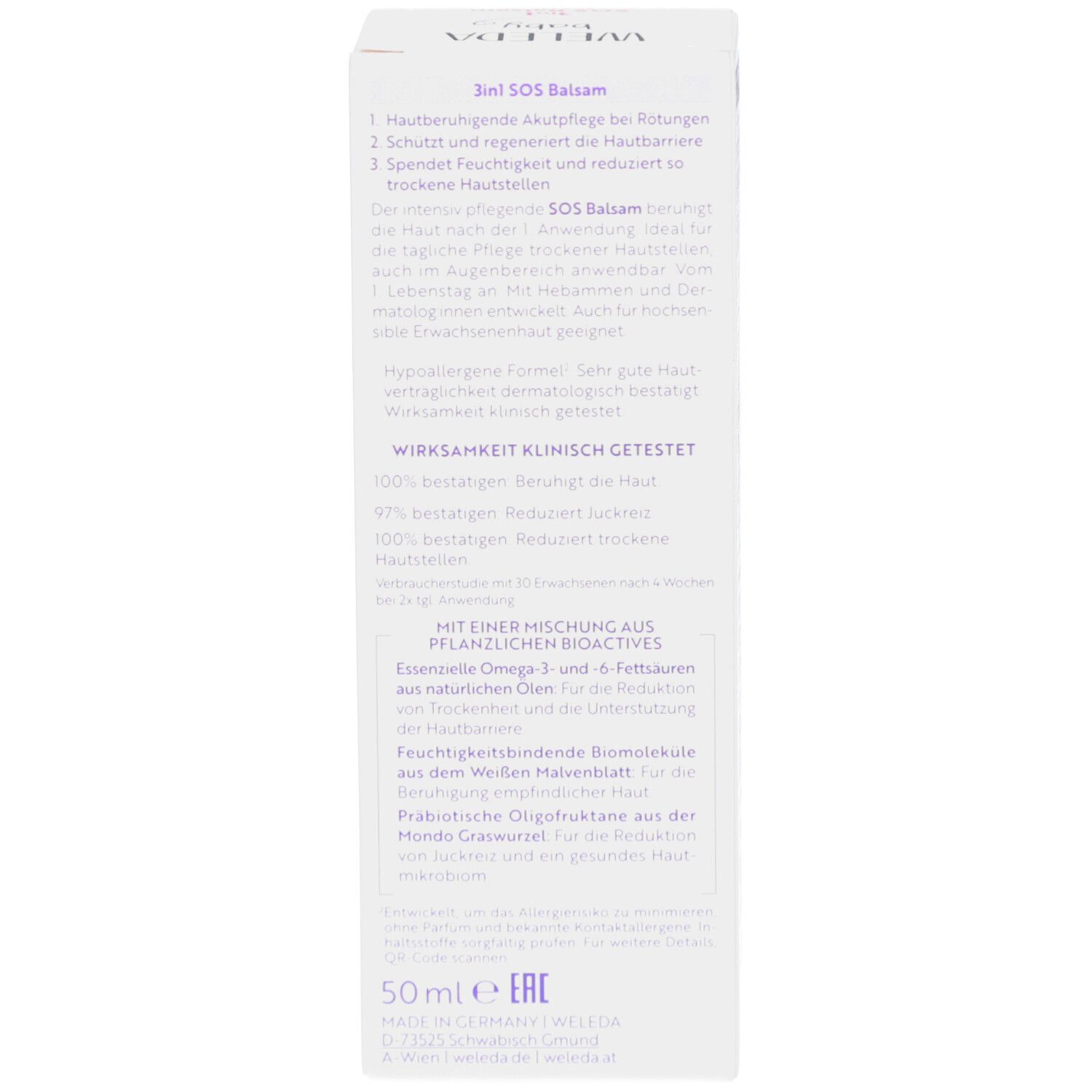 Rückseite der Schachtel. Text: 3in1 SOS Balsam, klinisch getest, 50ml e, Made in Germany. Marke: WELEDA.