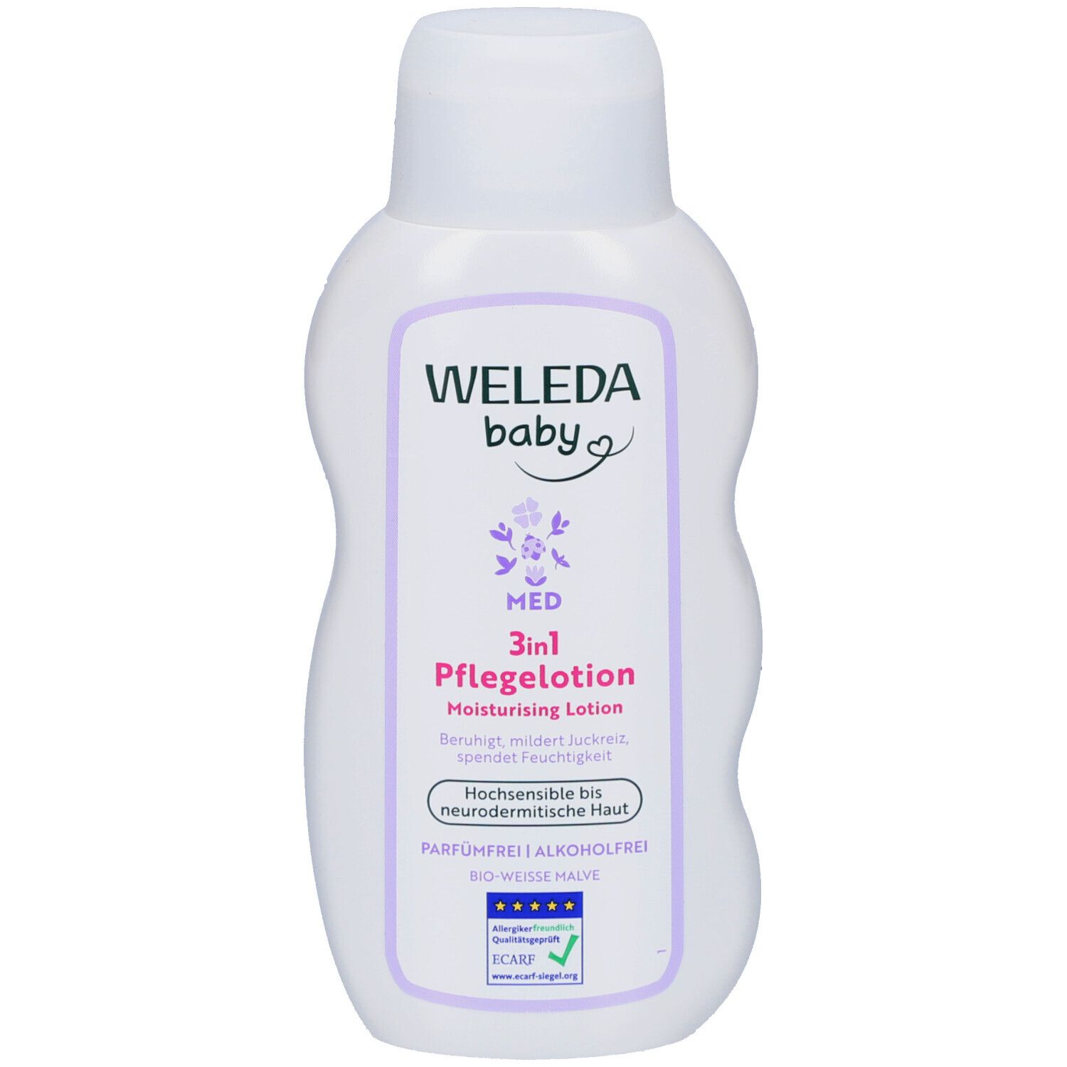 Weiße Flasche mit lila Etikett. Aufschrift: WELEDA baby, 3in1 Pflegelotion. Enthält Bio-Weiße Malve. Mit Qualitätszeichen.