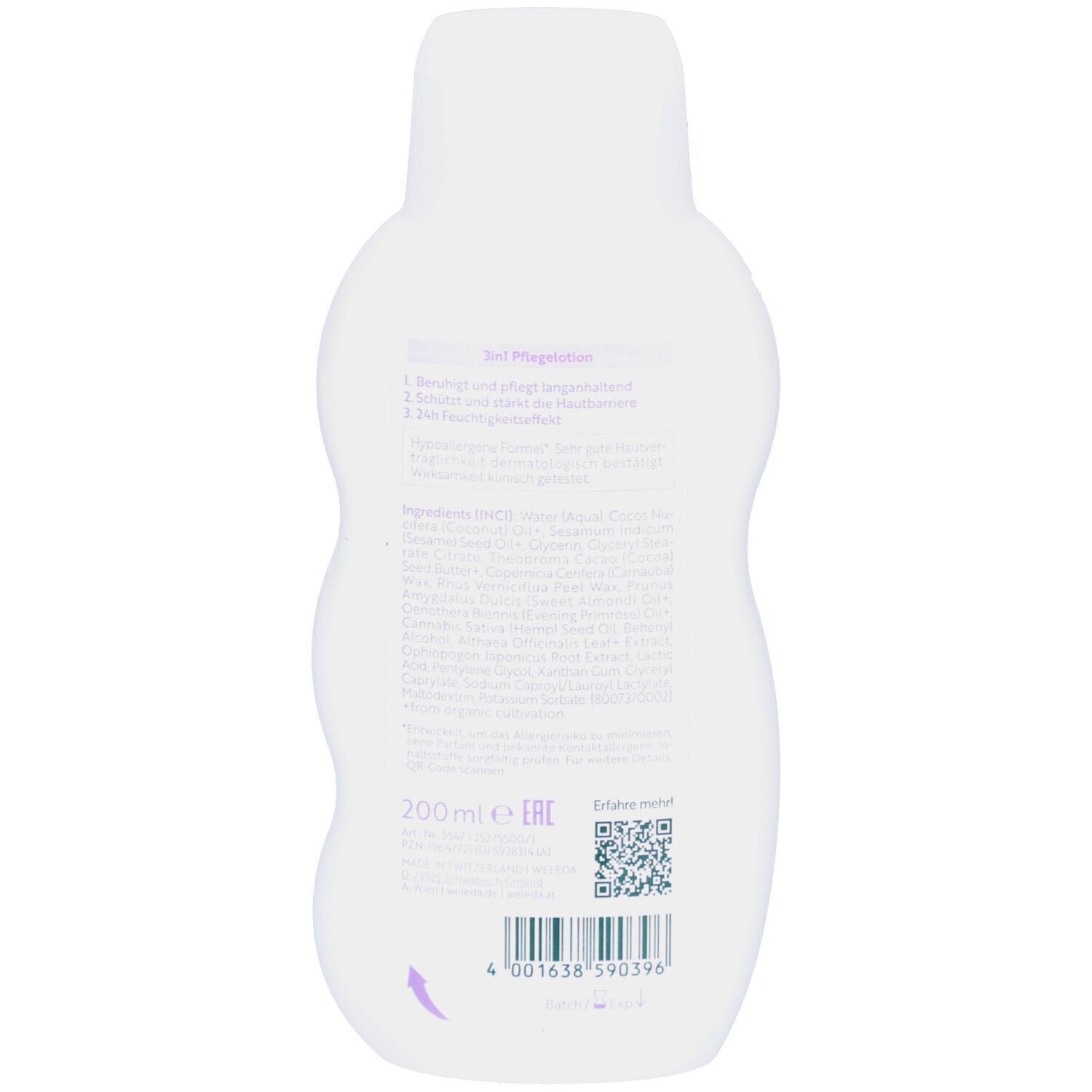 Rückseite der weißen Flasche. Text: 3in1 Pflegelotion, Inhaltsstoffe, 200ml. Mit Barcode und QR-Code.