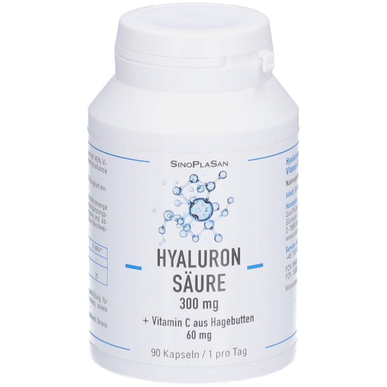 Weiße Flasche mit Kapseln. Aufschrift: Hyaluronsäure 300 mg + Vitamin C aus Hagebutten. 90 Kapseln.