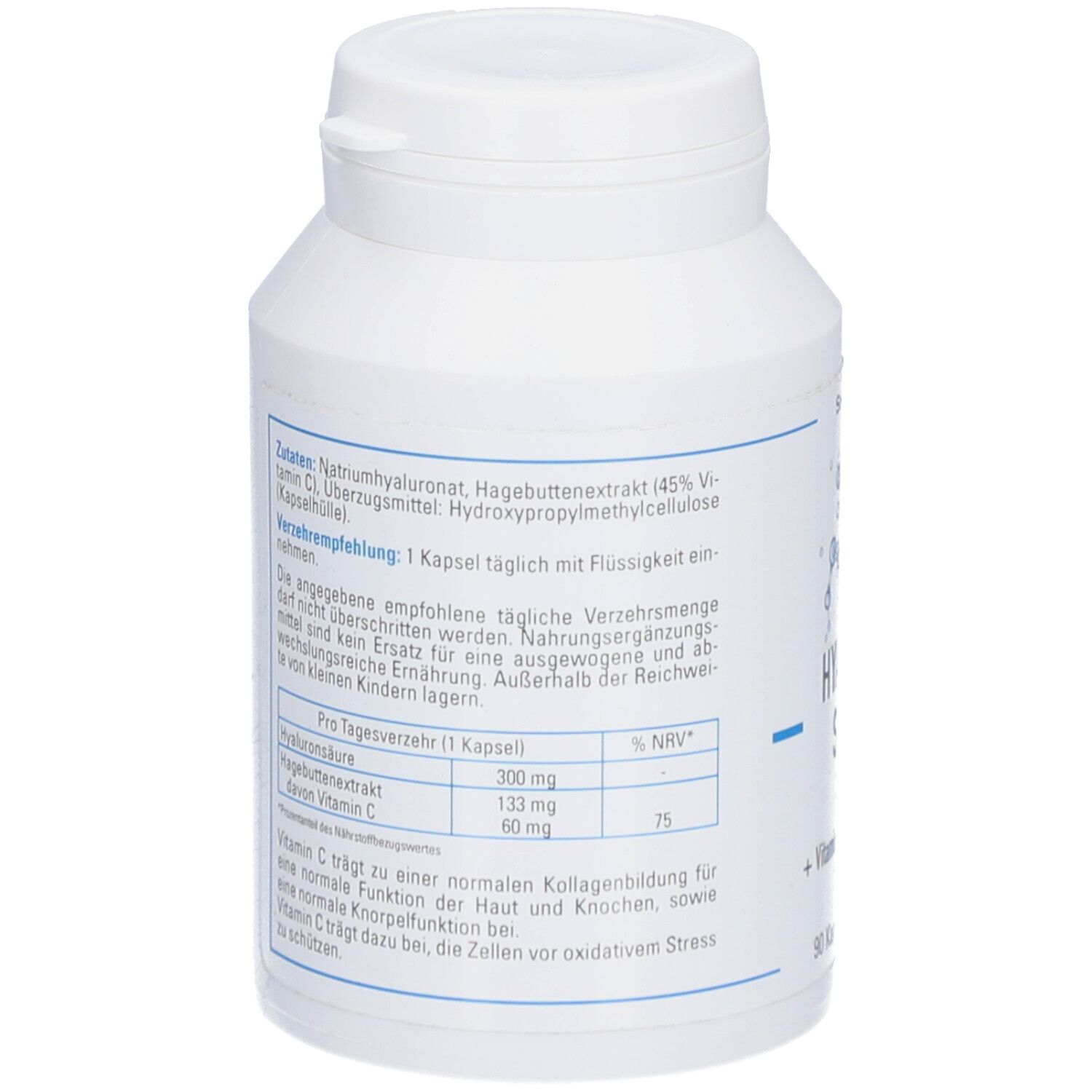 Rückseite der weißen Flasche. Text: Zutaten, Verzehrempfehlung, Nährwertangaben. Enthält Hyaluronsäure, Hagebuttenextrakt, Vitamin C.