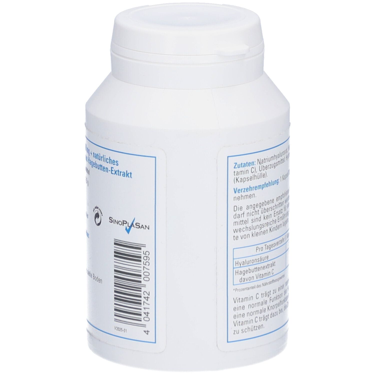 Weiße Flasche, Seitenansicht. Text: Zutaten, Nährwertangaben. Enthält Hyaluronsäure, Hagebuttenextrakt, Vitamin C.