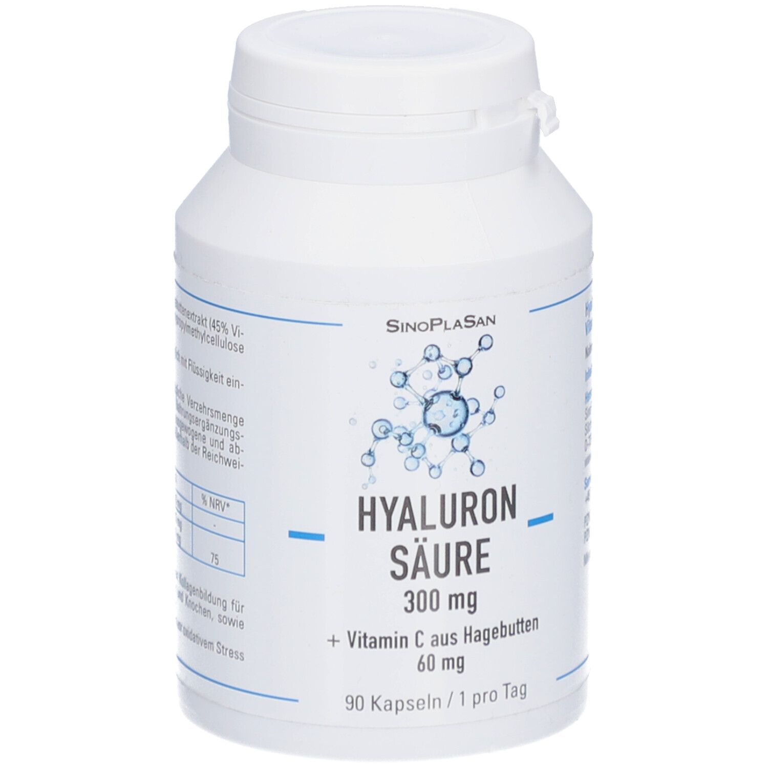 Weiße Flasche mit Kapseln. Aufschrift: Hyaluronsäure 300 mg + Vitamin C aus Hagebutten. 90 Kapseln.