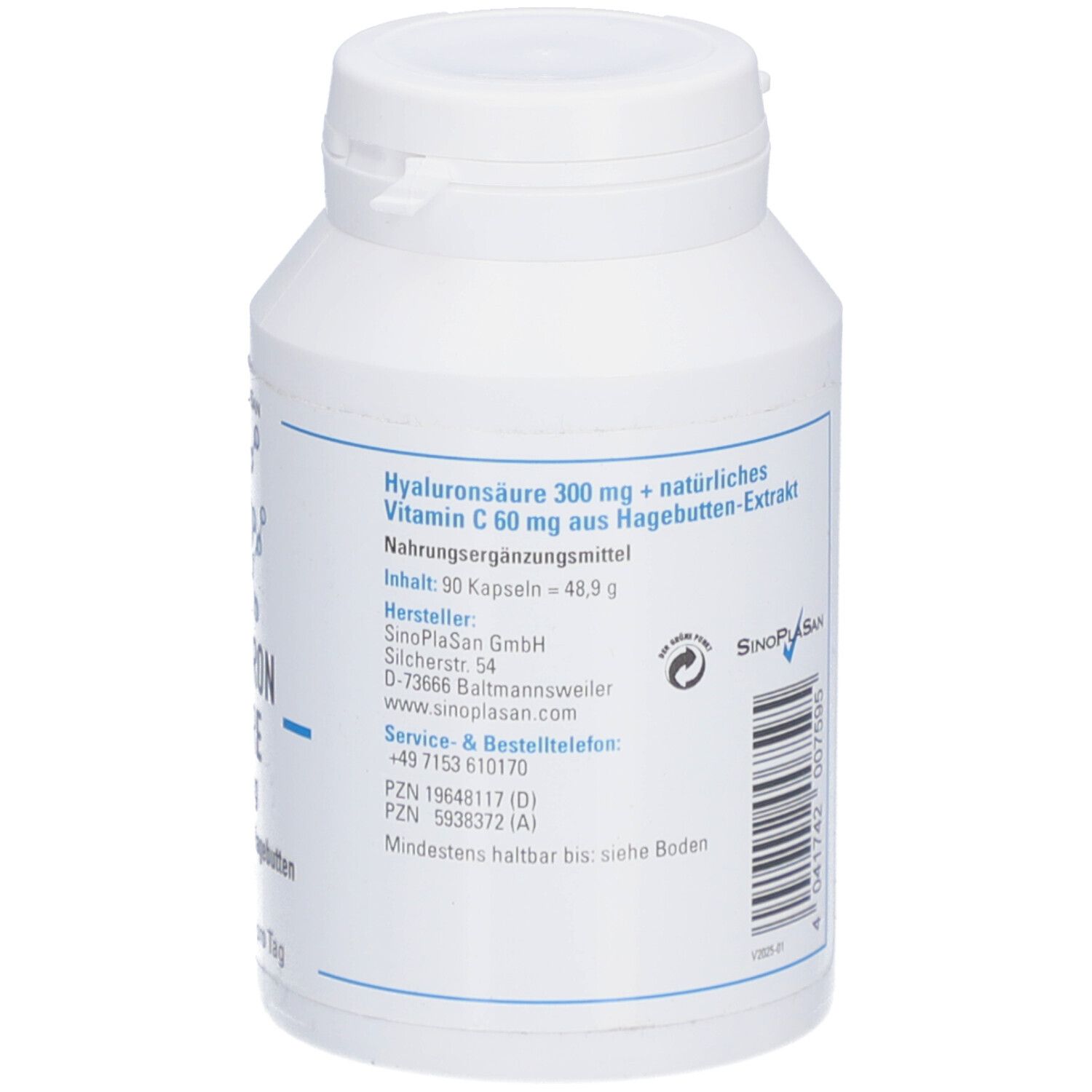 Rückseite der weißen Flasche. Text: Hyaluronsäure 300 mg + natürliches Vitamin C 60 mg. Herstellerinformationen, Mindesthaltbarkeit.