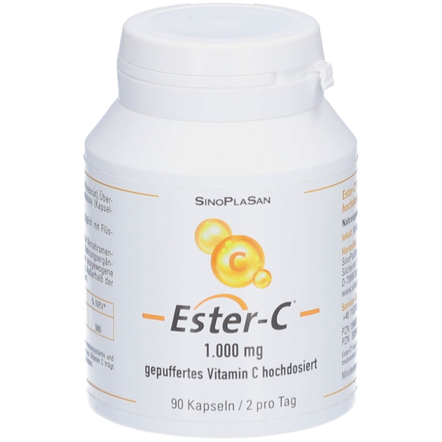 Weiße Flasche mit Kapseln. Aufschrift: SinoPlaSan, Ester-C 1.000 mg, gepuffertes Vitamin C hochdosiert. 90 Kapseln.