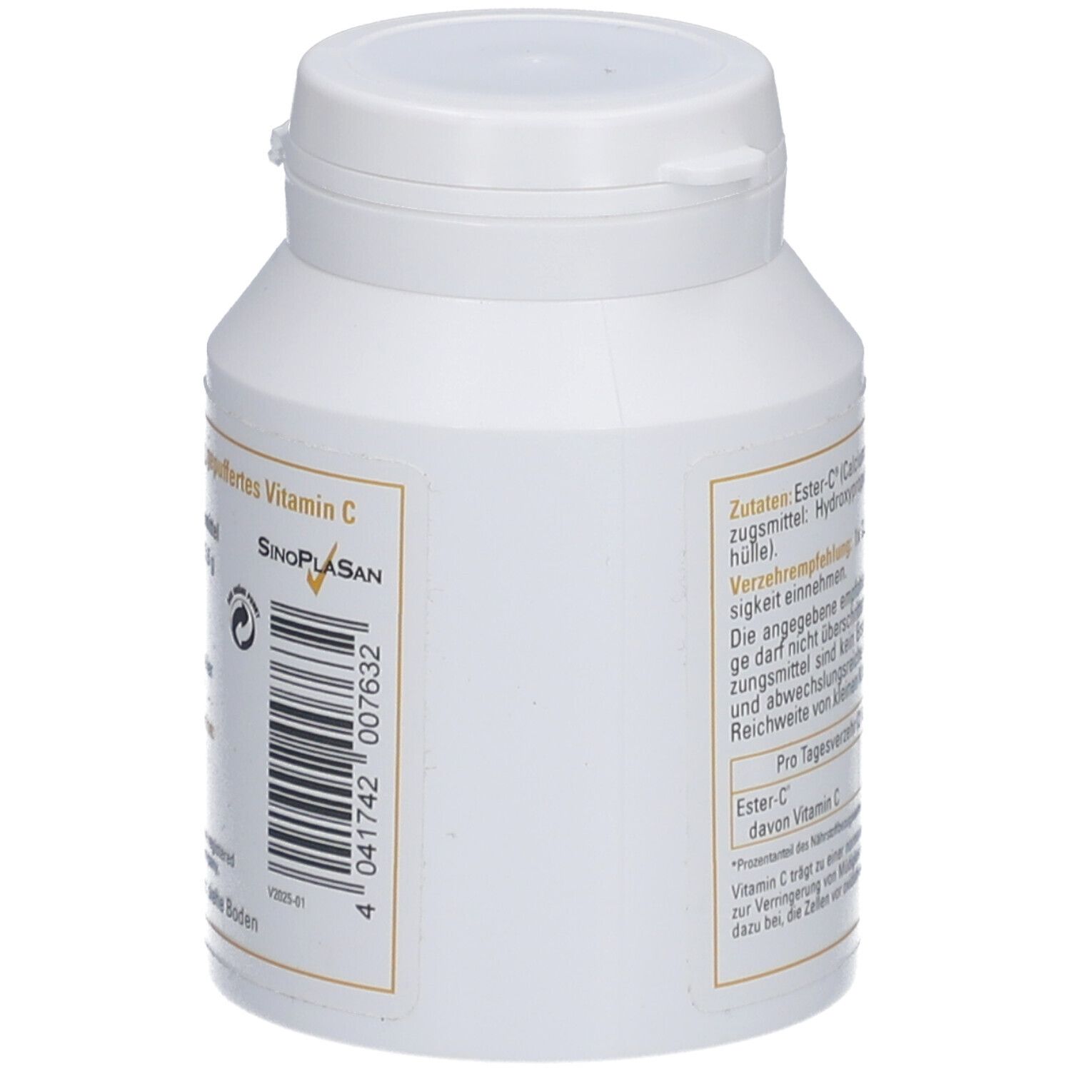 Weiße Flasche, Seitenansicht mit Barcode und Text. Text in Deutsch.