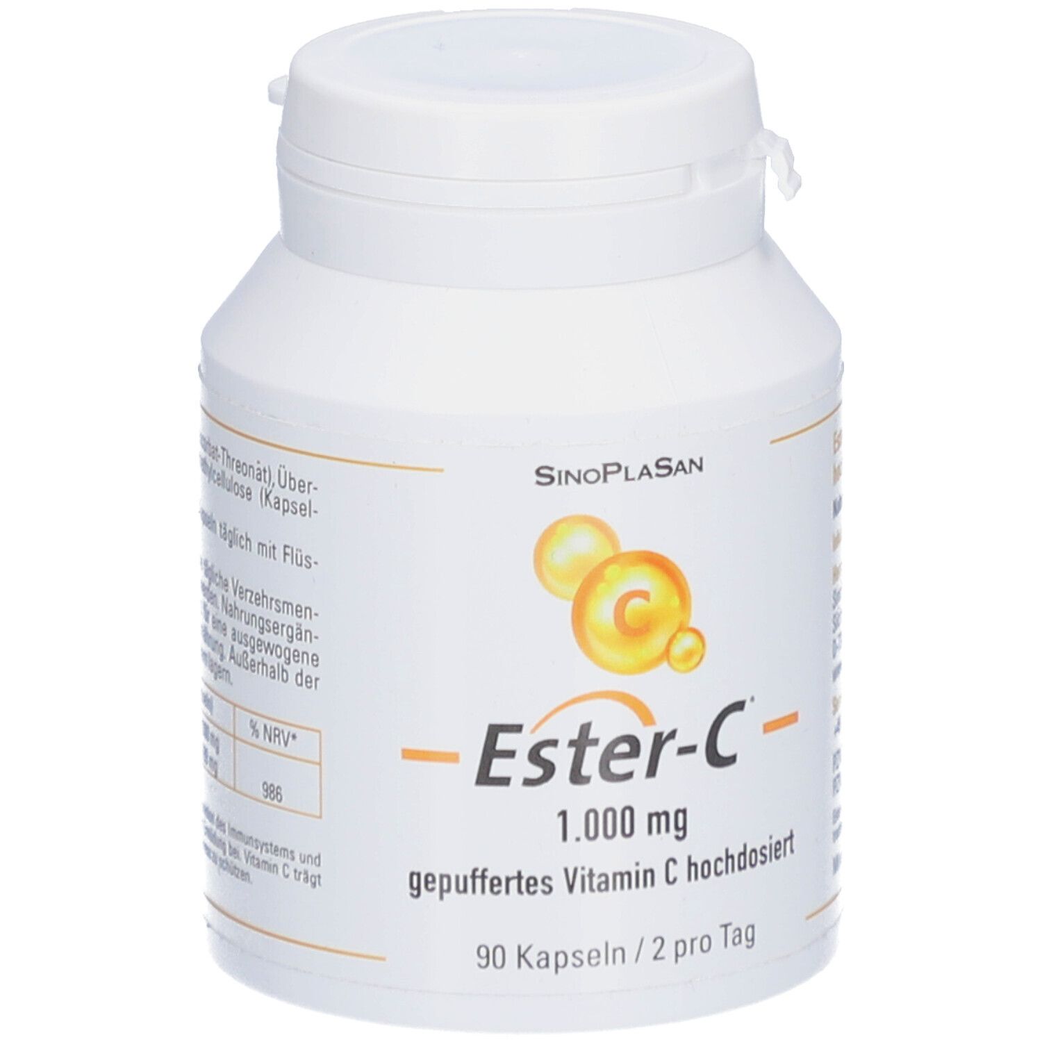 Weiße Flasche mit Kapseln. Aufschrift: SinoPlaSan, Ester-C 1.000 mg, gepuffertes Vitamin C hochdosiert. 90 Kapseln.