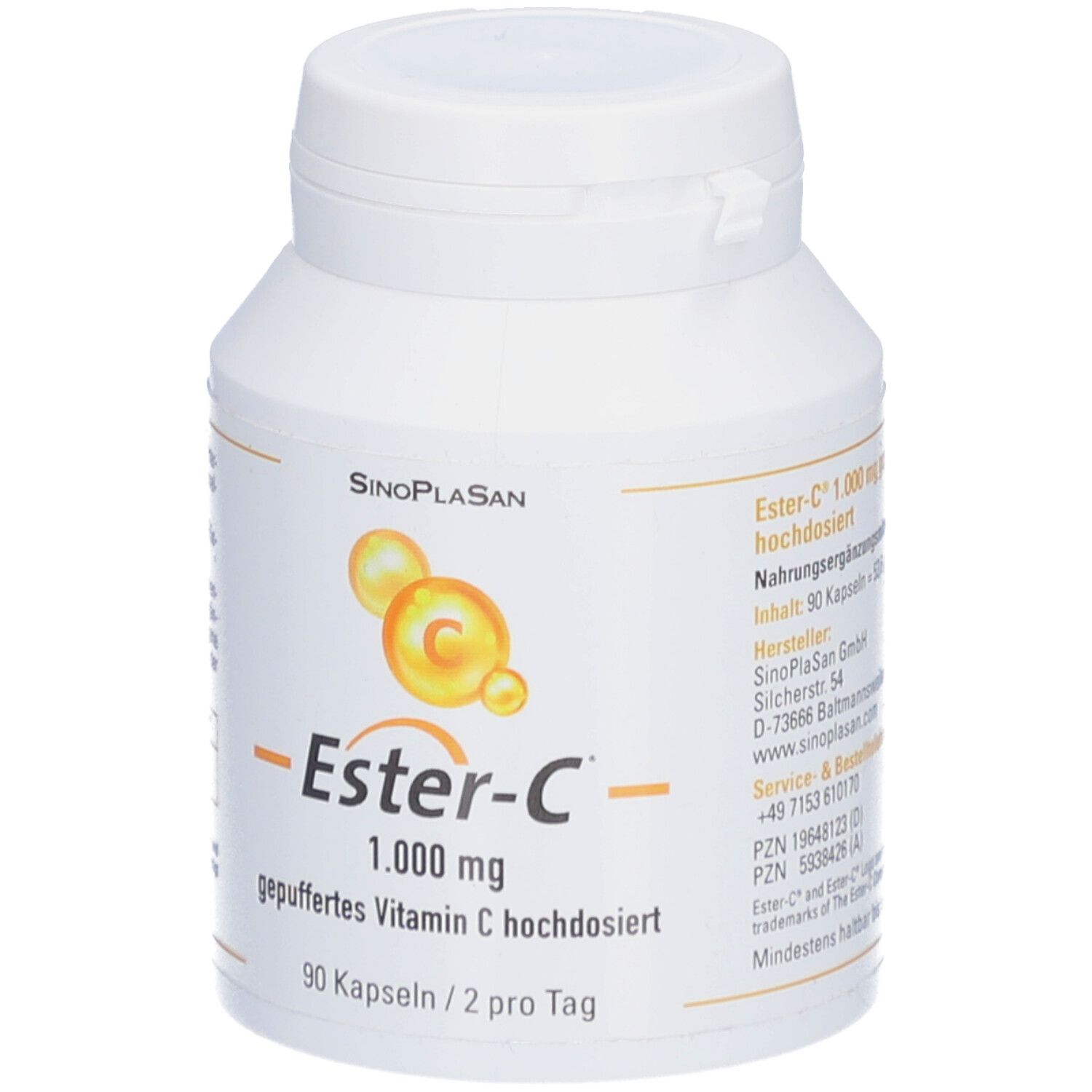 Weiße Flasche mit Kapseln. Aufschrift: SinoPlaSan, Ester-C 1.000 mg, gepuffertes Vitamin C hochdosiert. 90 Kapseln.