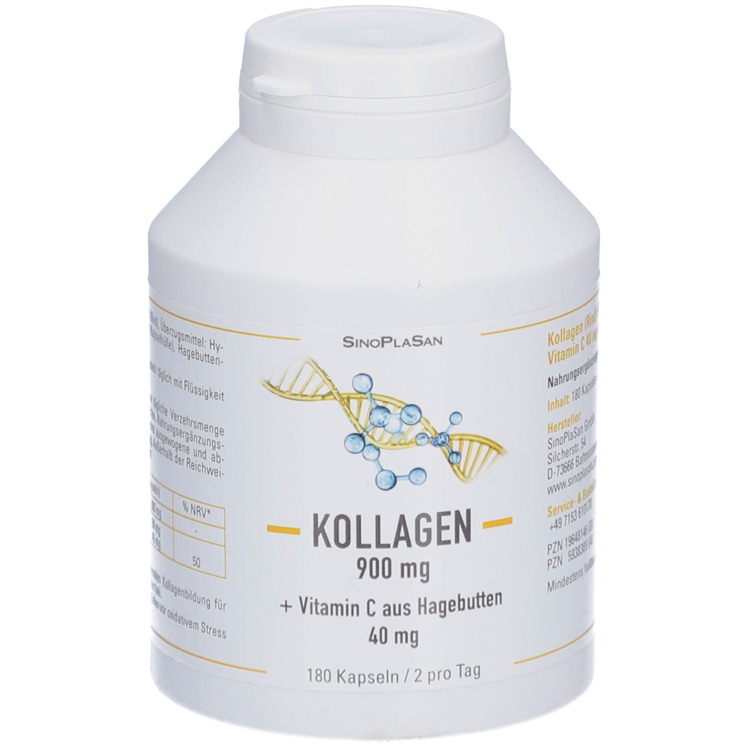 Weiße Flasche mit SinoPlaSan Kollagen 900 mg + Vitamin C aus Hagebutten. Aufschrift: 180 Kapseln / 2 pro Tag.