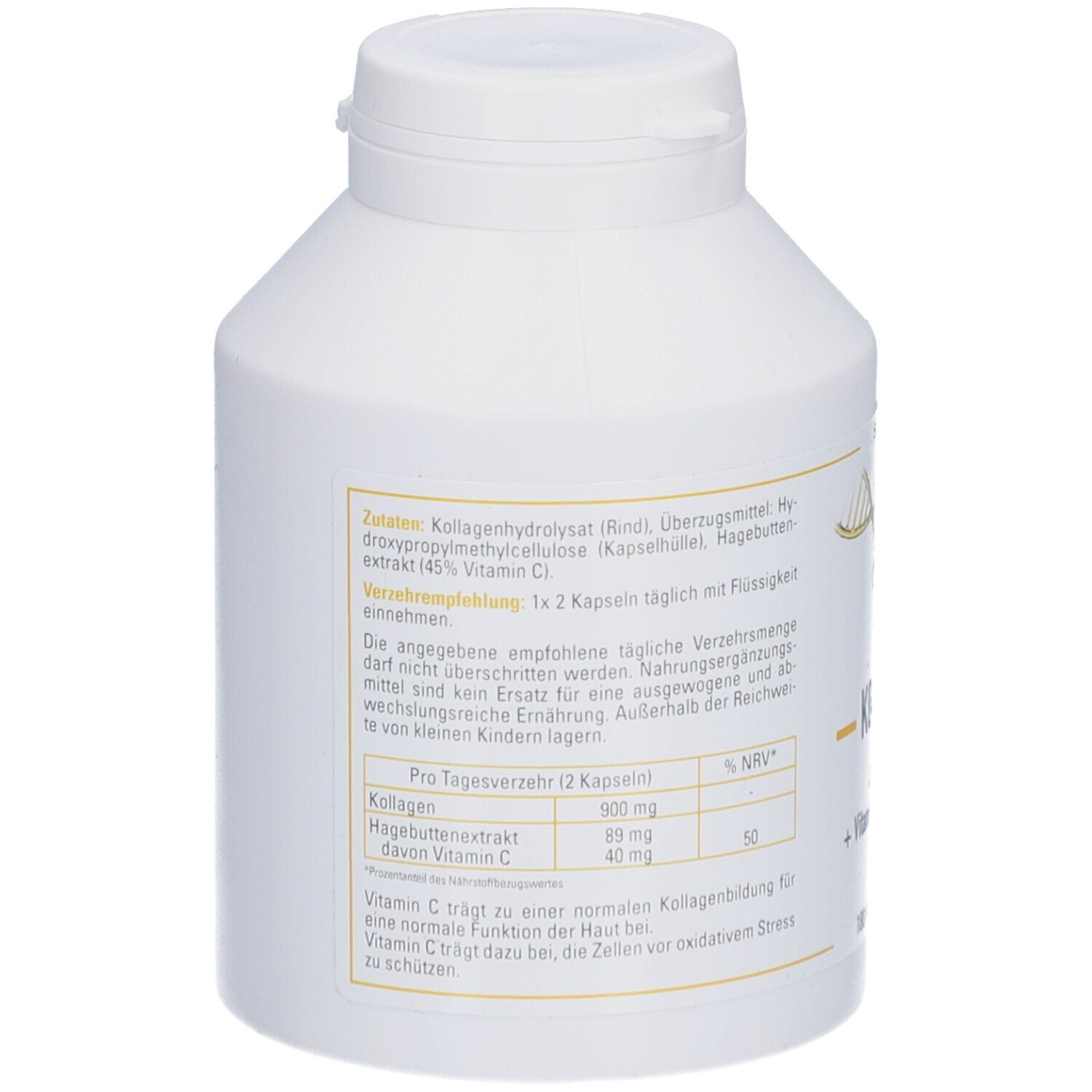 Rückseite der weißen Flasche mit Produktinformationen. Enthält Angaben zu Inhaltsstoffen und Verzehrempfehlung.