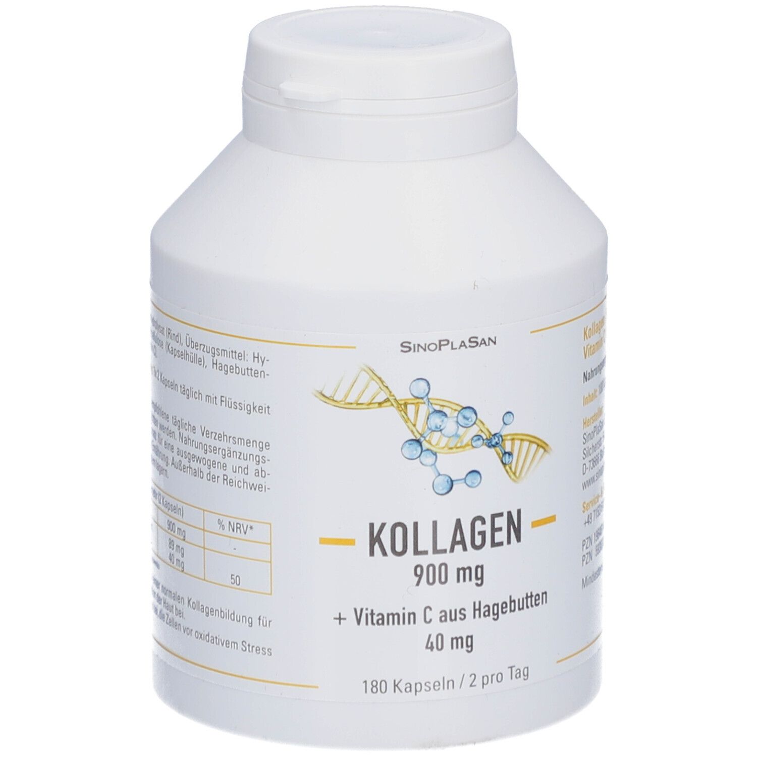 Weiße Flasche mit SinoPlaSan Kollagen 900 mg + Vitamin C aus Hagebutten. Aufschrift: 180 Kapseln / 2 pro Tag.