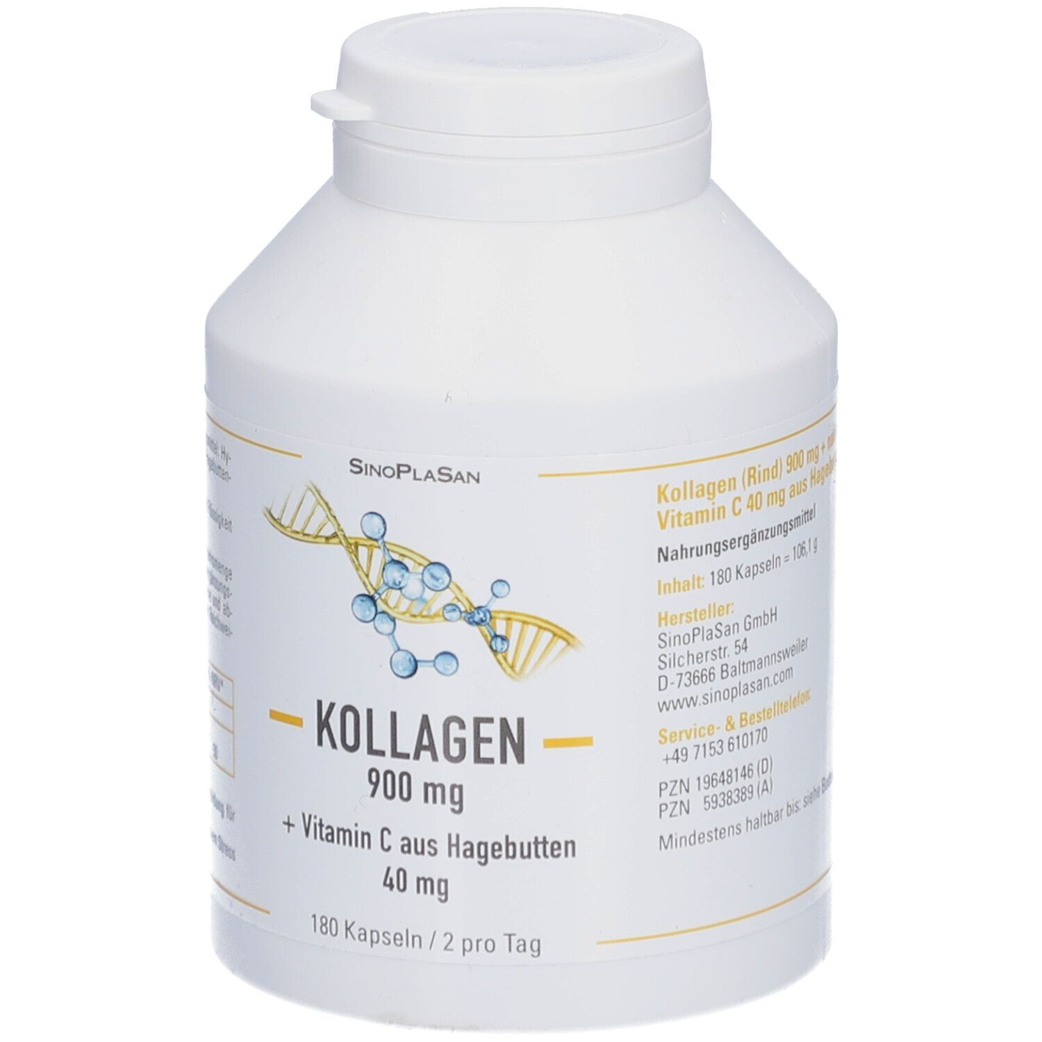 Weiße Flasche mit SinoPlaSan Kollagen 900 mg + Vitamin C aus Hagebutten. Aufschrift: 180 Kapseln / 2 pro Tag.
