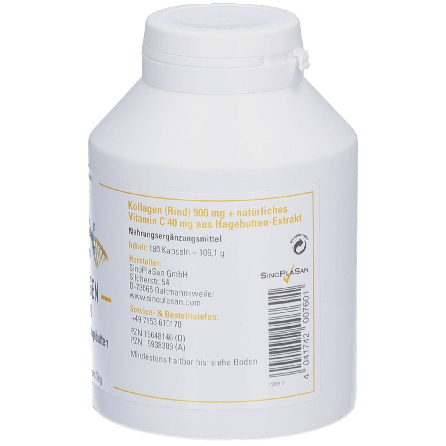 Rückseite der weißen Flasche mit Produktinformationen. Enthält Angaben zu Inhaltsstoffen und Hersteller.