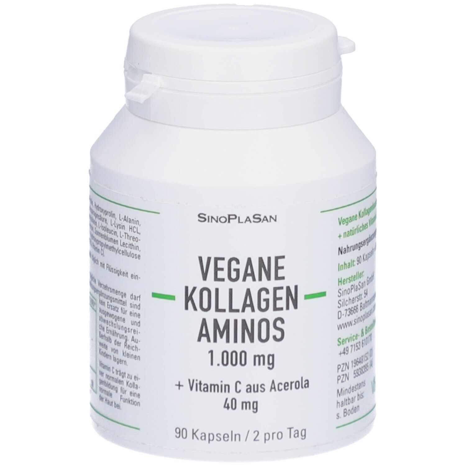 Weiße Flasche mit SinoPlaSan-Etikett. Aufschrift: Vegane Kollagen Aminos 1.000 mg + Vitamin C aus Acerola 40 mg. 90 Kapseln.