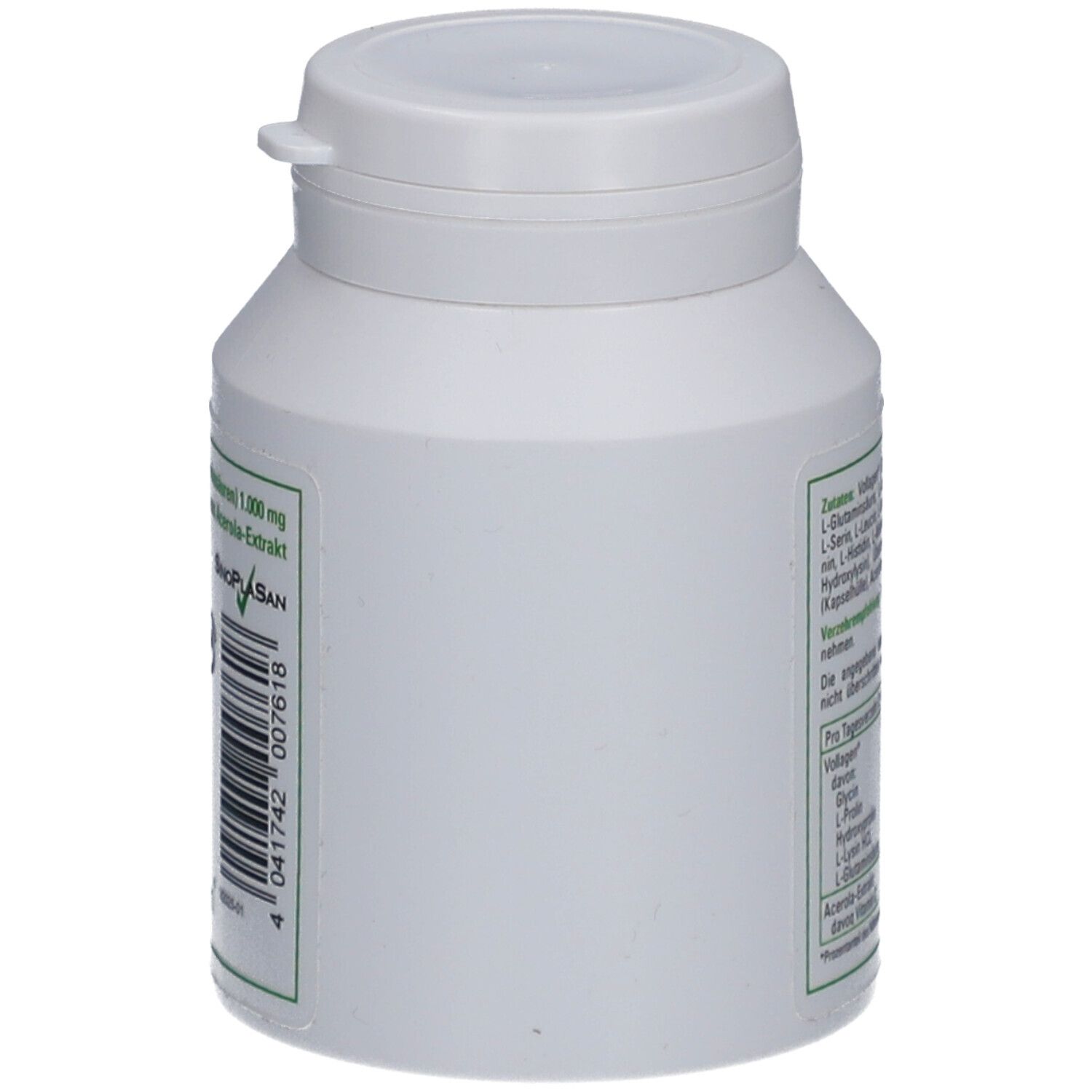Weiße Flasche, Seitenansicht. Barcode und Text auf der Seite. SinoPlaSan-Logo.
