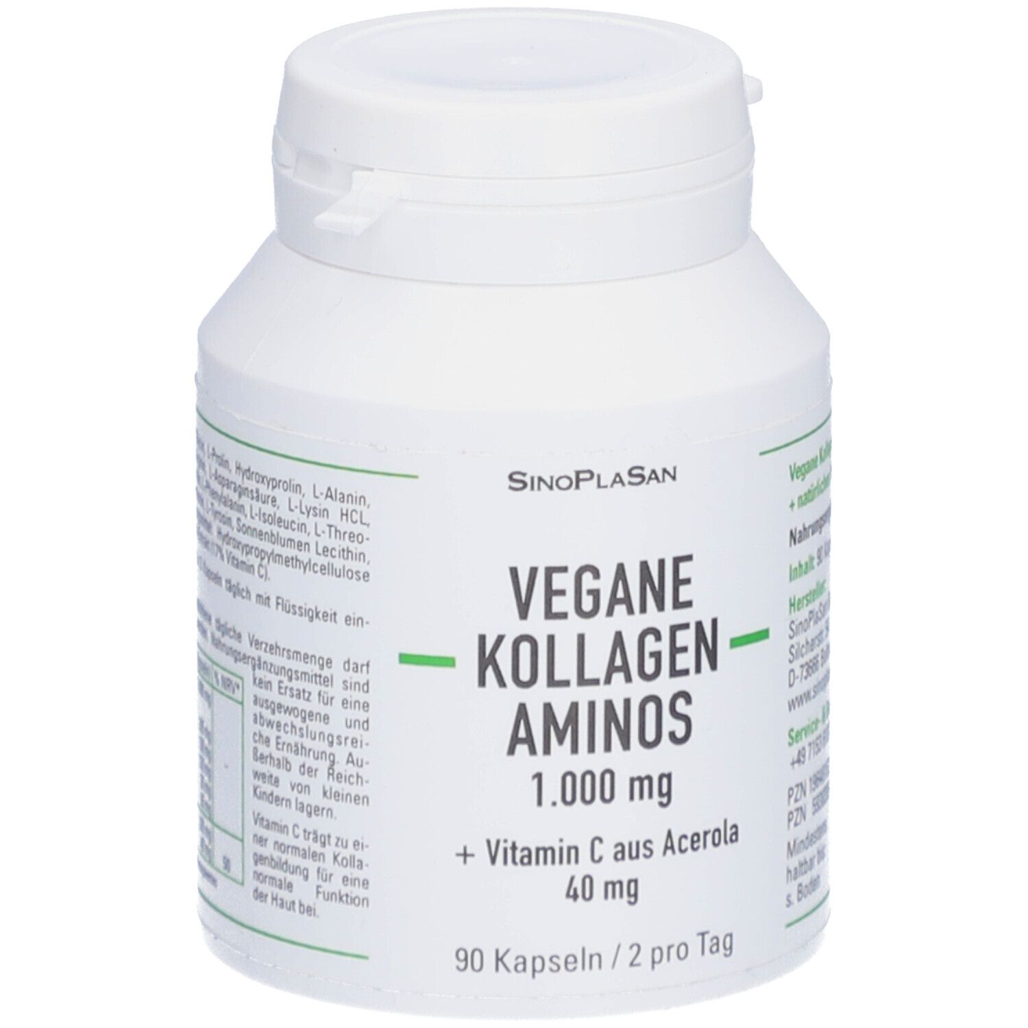 Weiße Flasche mit SinoPlaSan-Etikett. Aufschrift: Vegane Kollagen Aminos 1.000 mg + Vitamin C aus Acerola 40 mg. 90 Kapseln.