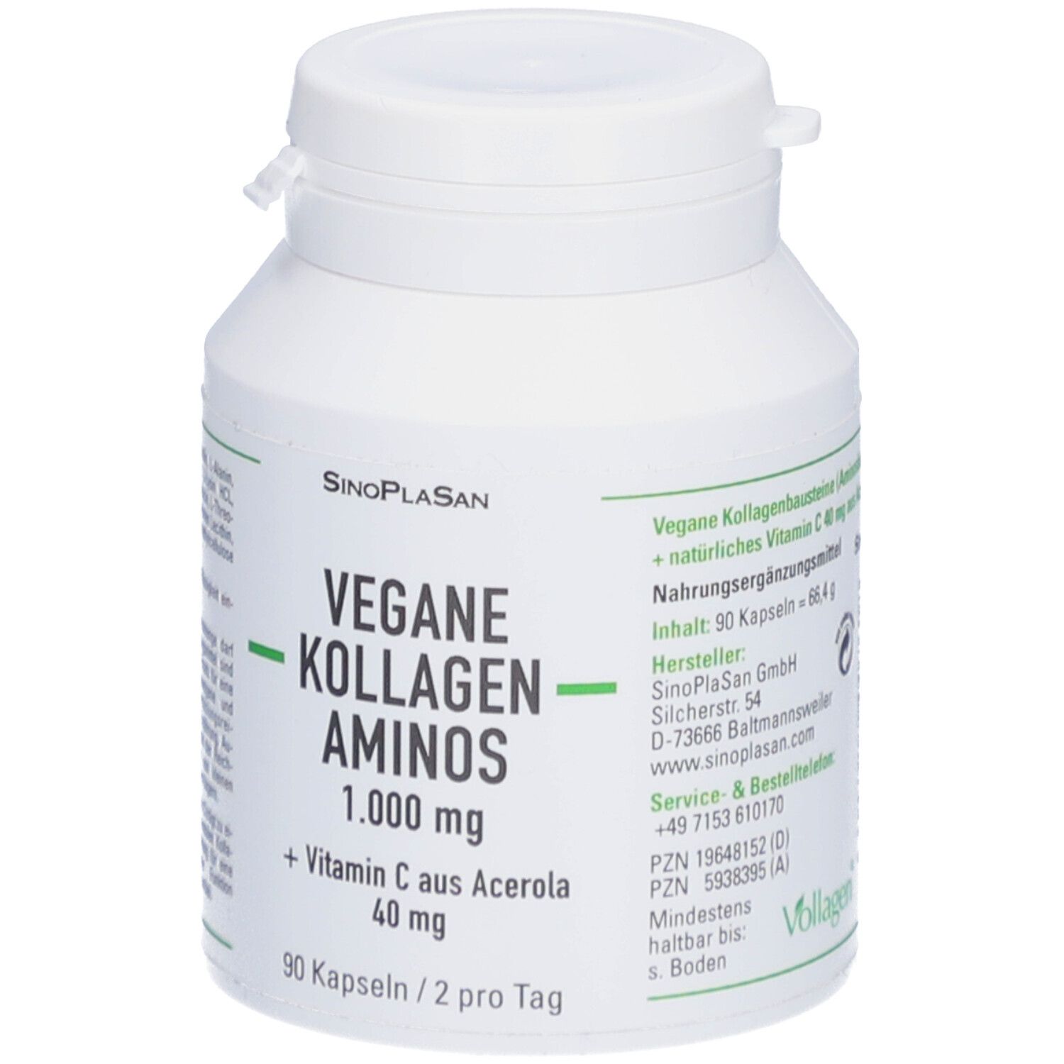 Weiße Flasche mit SinoPlaSan-Etikett. Aufschrift: Vegane Kollagen Aminos 1.000 mg + Vitamin C aus Acerola 40 mg. 90 Kapseln.