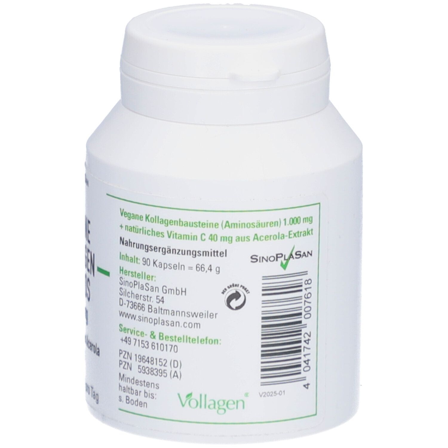 Weiße Flasche mit SinoPlaSan-Etikett. Aufschrift: Vegane Kollagen Aminos 1.000 mg + Vitamin C aus Acerola 40 mg. 90 Kapseln.