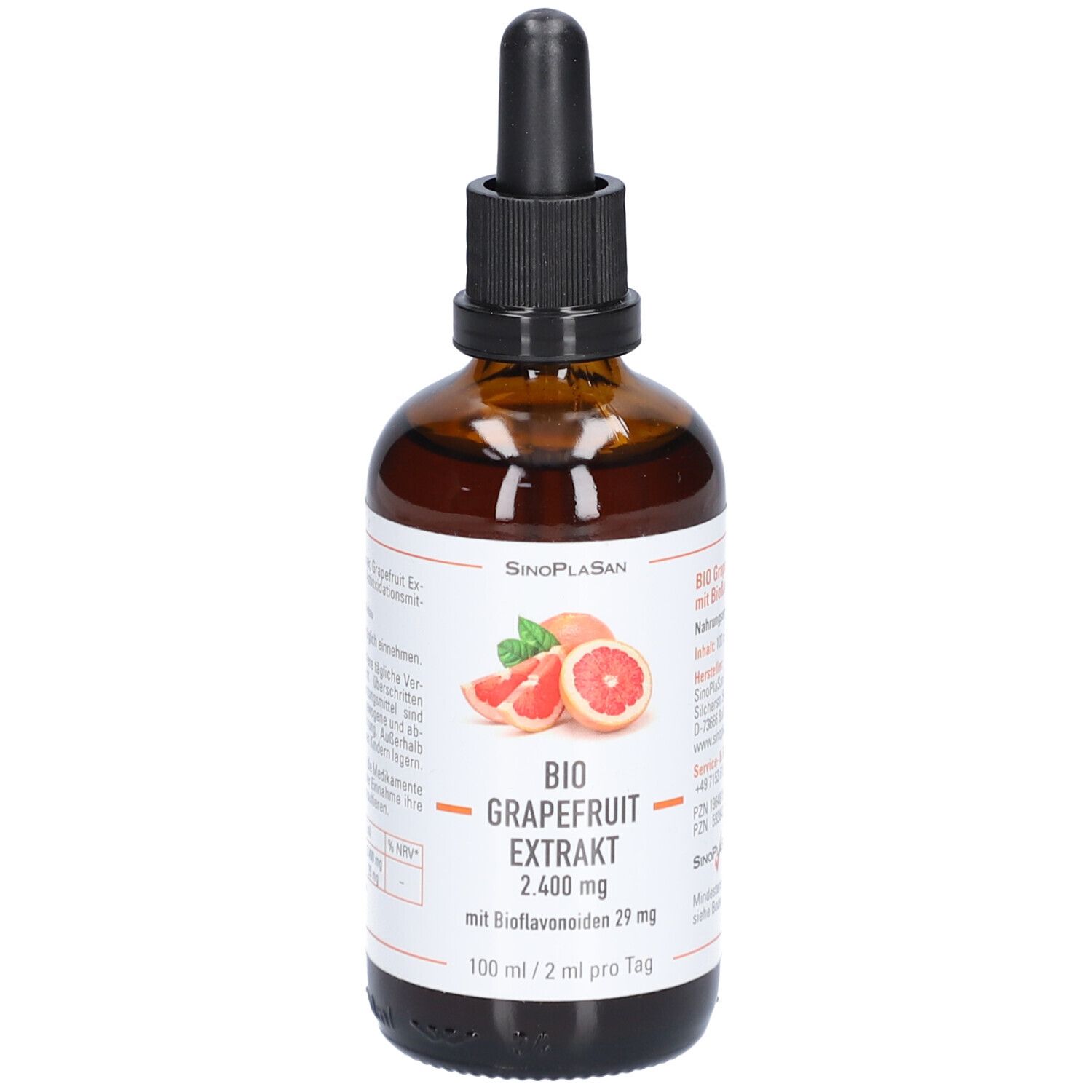 Braune Glasflasche mit schwarzem Tropfer. Etikett mit Produktname, Grapefruit-Abbildung und Inhaltsangaben.