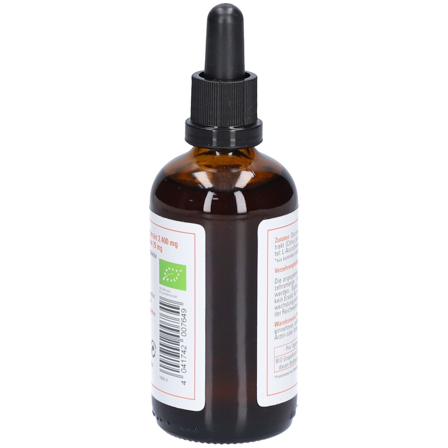 Braune Glasflasche mit schwarzem Tropfer. Etikett mit Bio-Siegel und Produktinformationen.