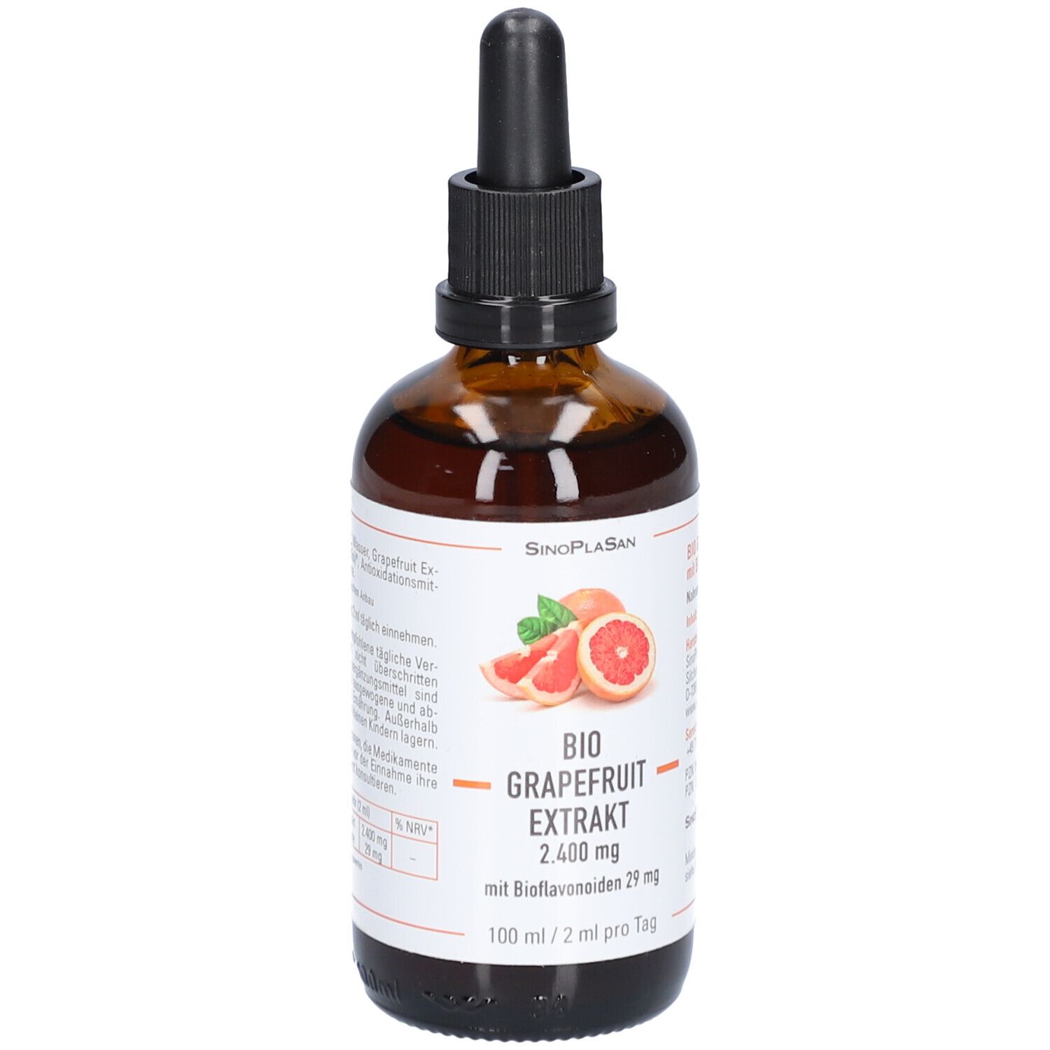 Braune Glasflasche mit schwarzem Tropfer. Etikett mit Produktname, Grapefruit-Abbildung und Inhaltsangaben.