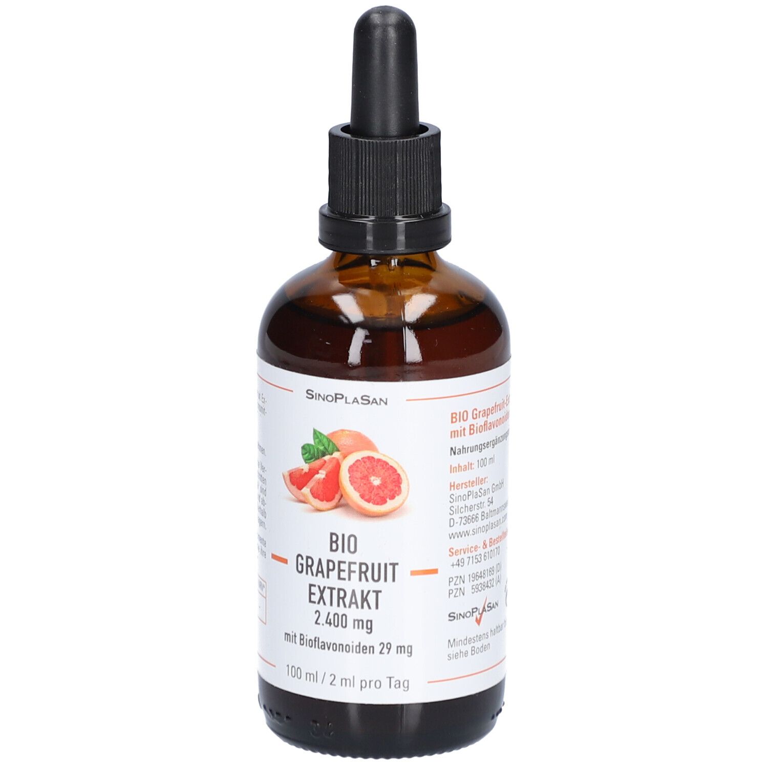 Braune Glasflasche mit schwarzem Tropfer. Etikett mit Produktname, Grapefruit-Abbildung und Inhaltsangaben.