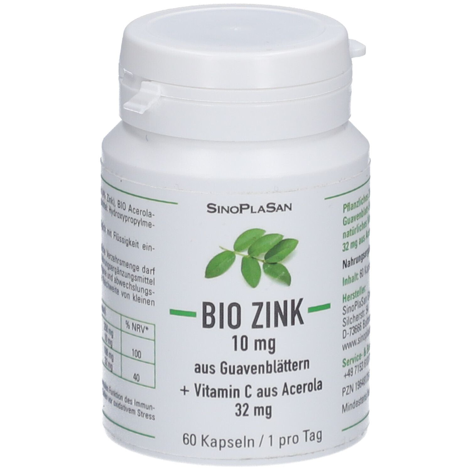 Weiße Flasche mit Kapseln. Aufschrift: BIO ZINK 10 mg aus Guavenblättern + Vitamin C aus Acerola 32 mg. 60 Kapseln.