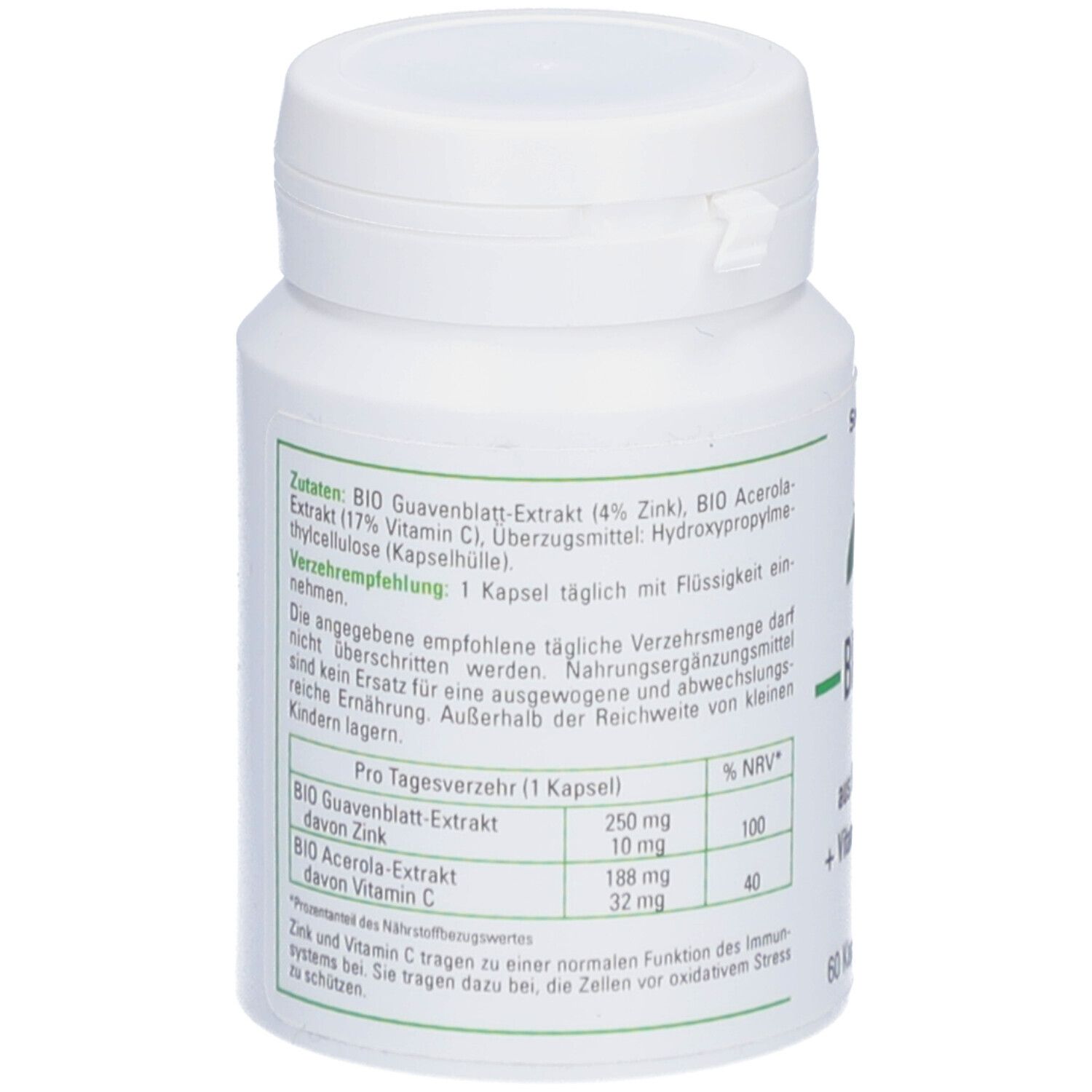 Rückseite der weißen Flasche. Zutatenliste: BIO Guavenblatt-Extrakt, Zink, BIO Acerola-Extrakt, Vitamin C. Verzehrempfehlung: 1 Kapsel täglich.
