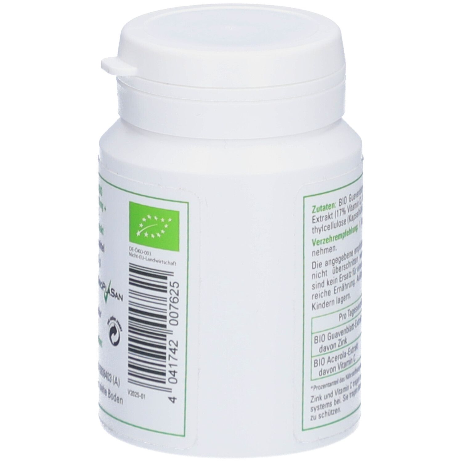 Weiße Flasche mit Bio-Siegel. Aufschrift: BIO Guavenblatt-Extrakt 10 mg + natürliches Vitamin C 32 mg. Herstellerinformationen und Barcode.