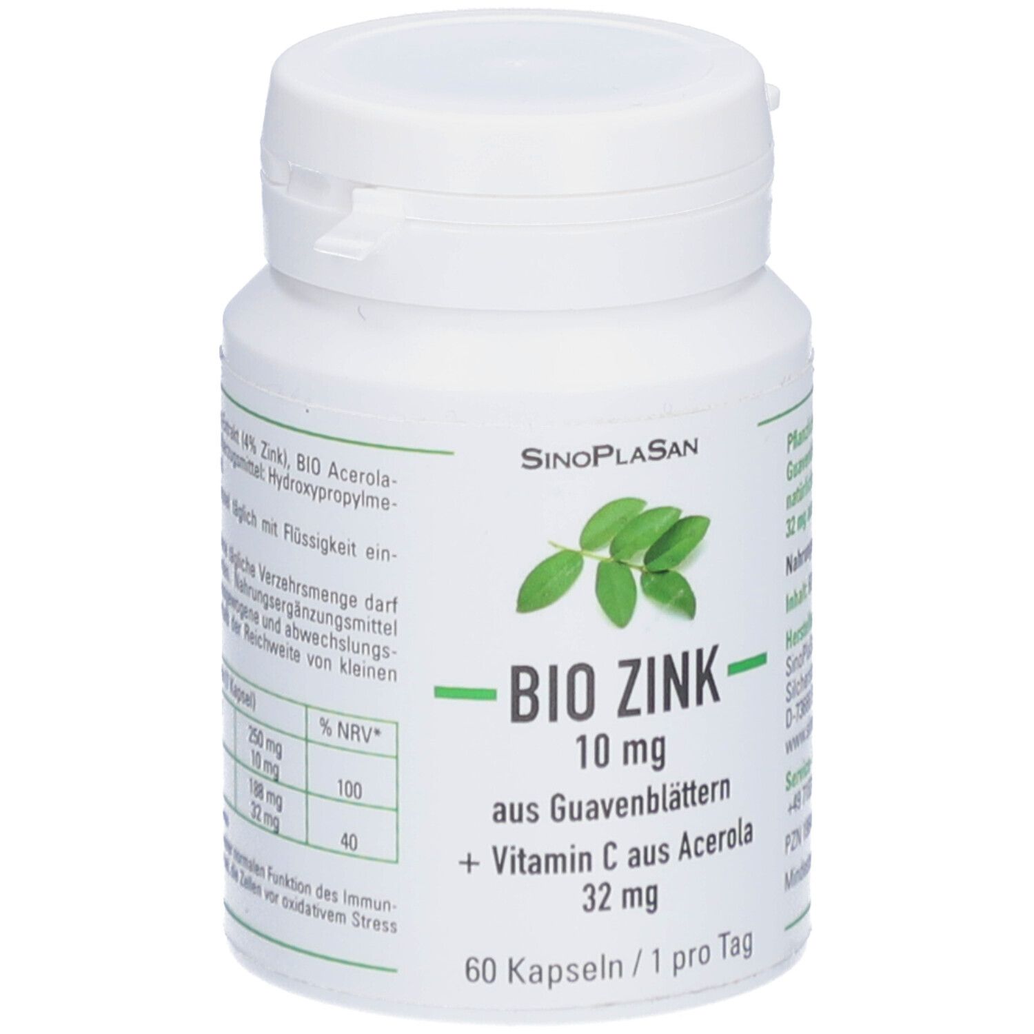 Weiße Flasche mit Kapseln. Aufschrift: BIO ZINK 10 mg aus Guavenblättern + Vitamin C aus Acerola 32 mg. 60 Kapseln.