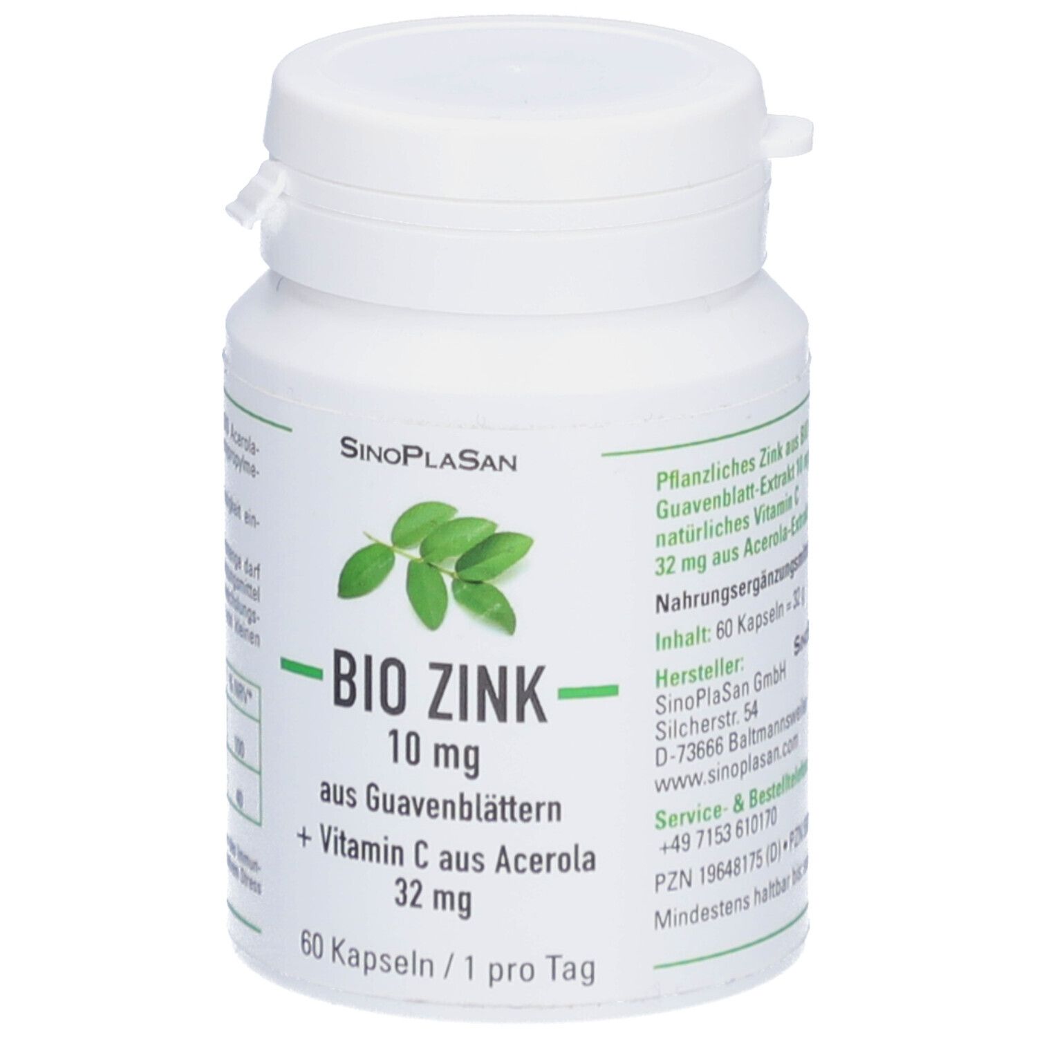 Weiße Flasche mit Kapseln. Aufschrift: BIO ZINK 10 mg aus Guavenblättern + Vitamin C aus Acerola 32 mg. 60 Kapseln.