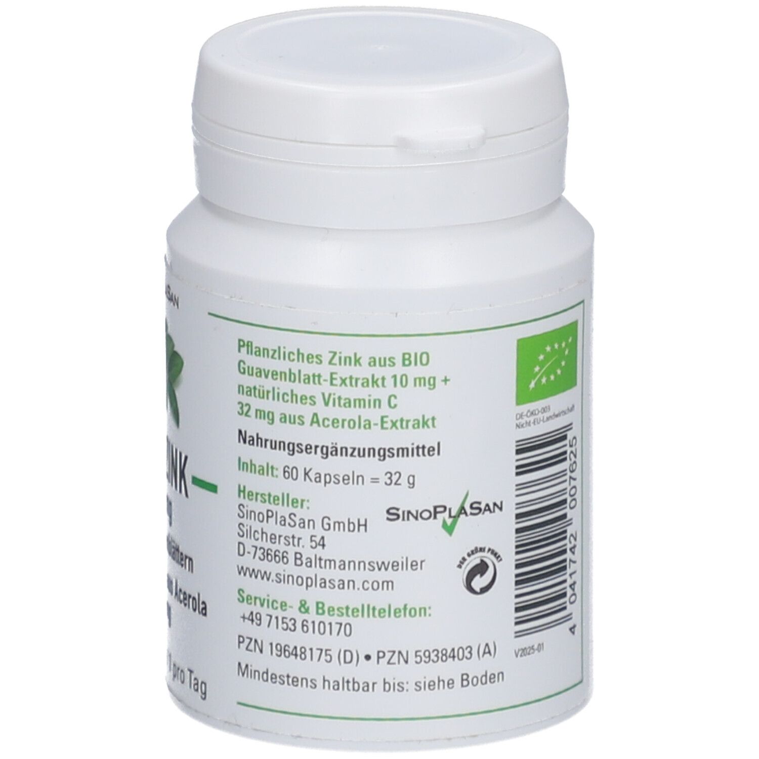 Rückseite der weißen Flasche. Bio-Siegel. Aufschrift: Pflanzliches Zink aus BIO Guavenblatt-Extrakt 10 mg + natürliches Vitamin C 32 mg.