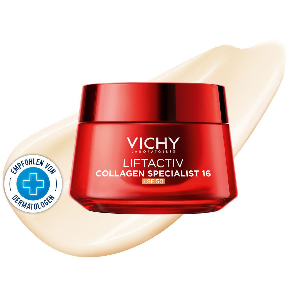 Rote Creme-Dose mit weißem Aufstrich. Vichy Liftactiv Collagen Specialist 16 LSF50. Empfohlen von Dermatologen.