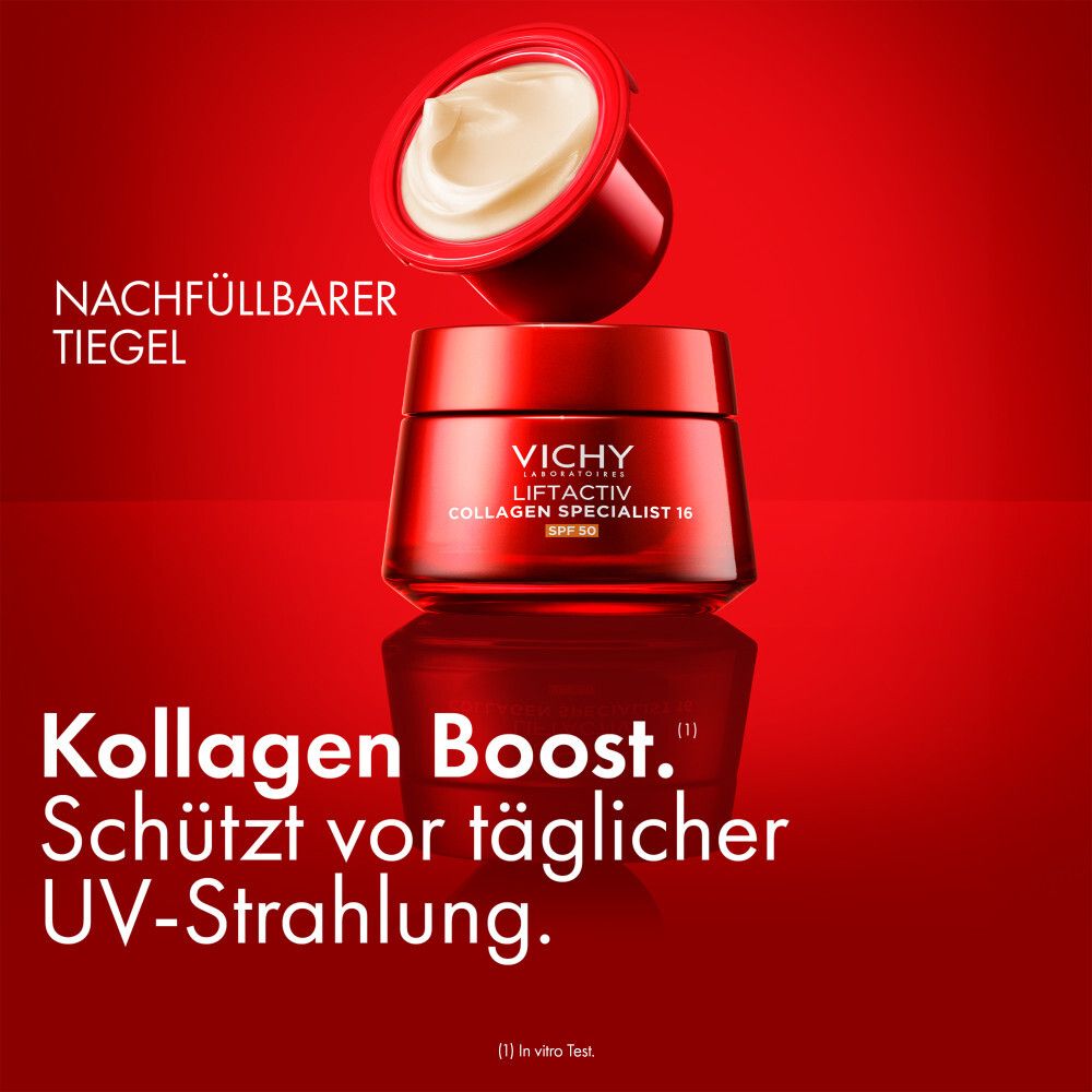 Roter Tiegel mit Creme und Nachfüllpackung. Vichy Liftactiv Collagen Specialist 16 SPF50. Kollagen Boost. UV-Schutz.