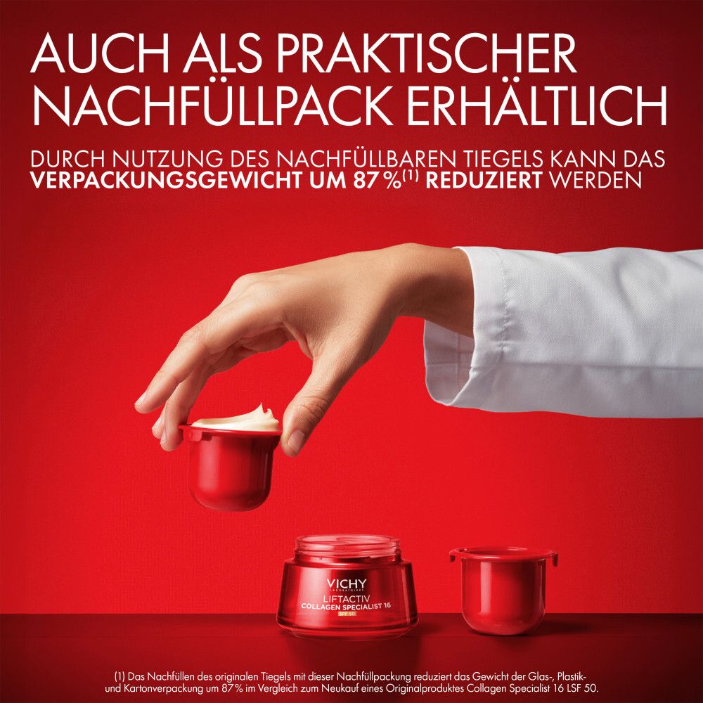 Hand zeigt Nachfüllpackung. Vichy Liftactiv Collagen Specialist 16 LSF50. Reduziert Verpackungsgewicht um 87%.